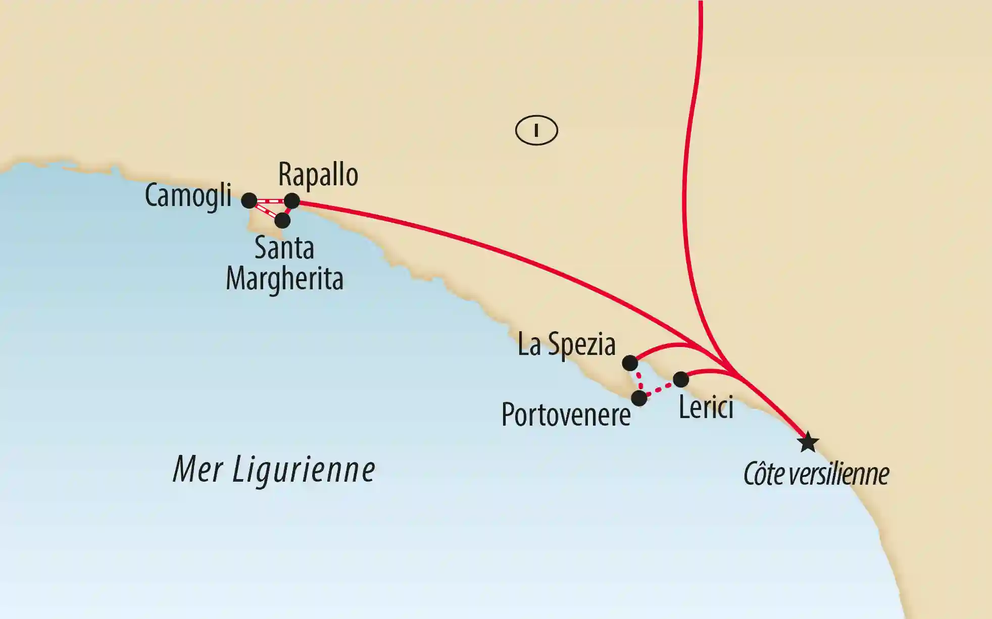 Carte de la côte ligurienne avec Camogli Rapallo Portovenere et La Spezia