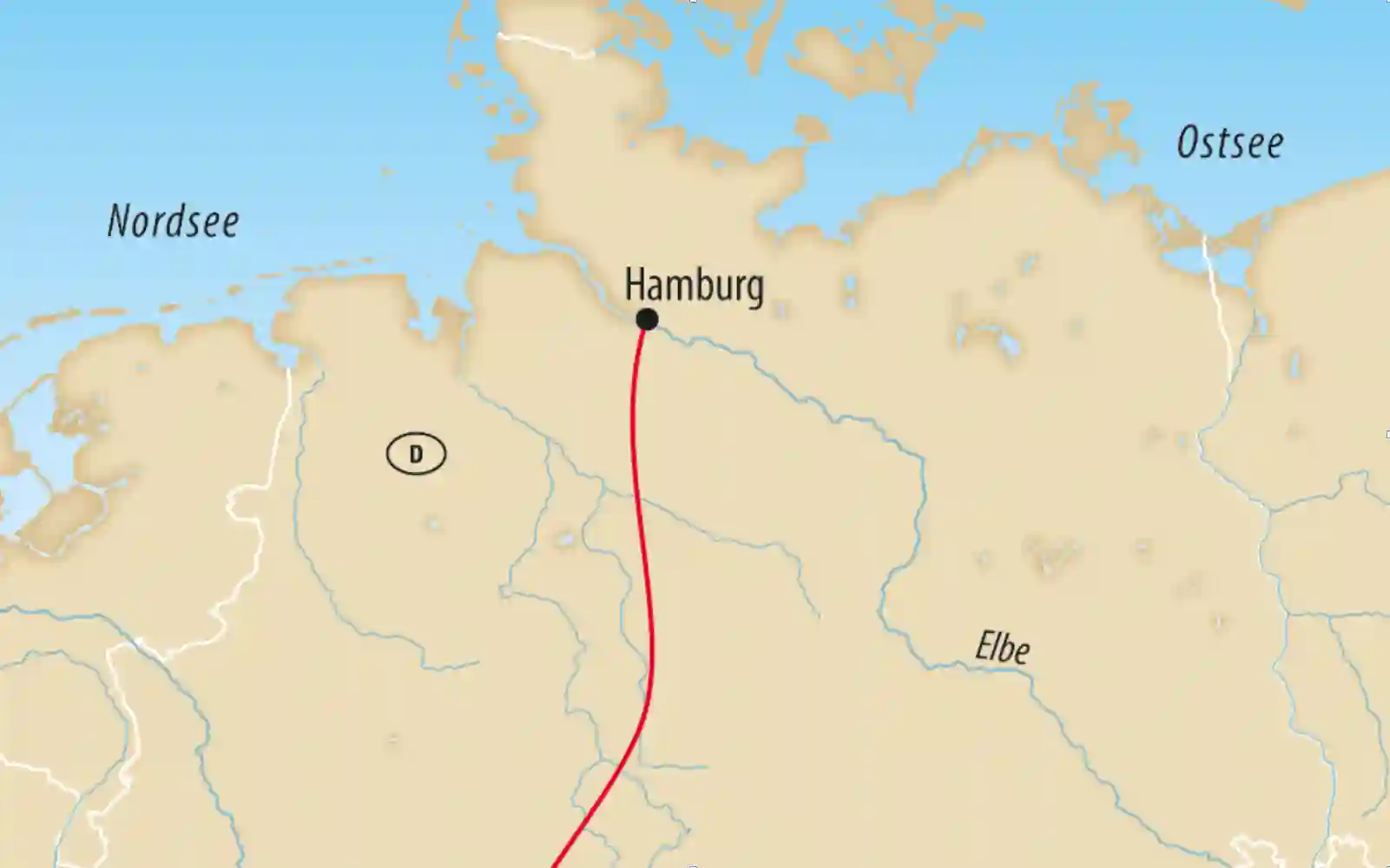 Karte von Norddeutschland mit markierter Reiseroute entlang der Elbe bis nach Hamburg