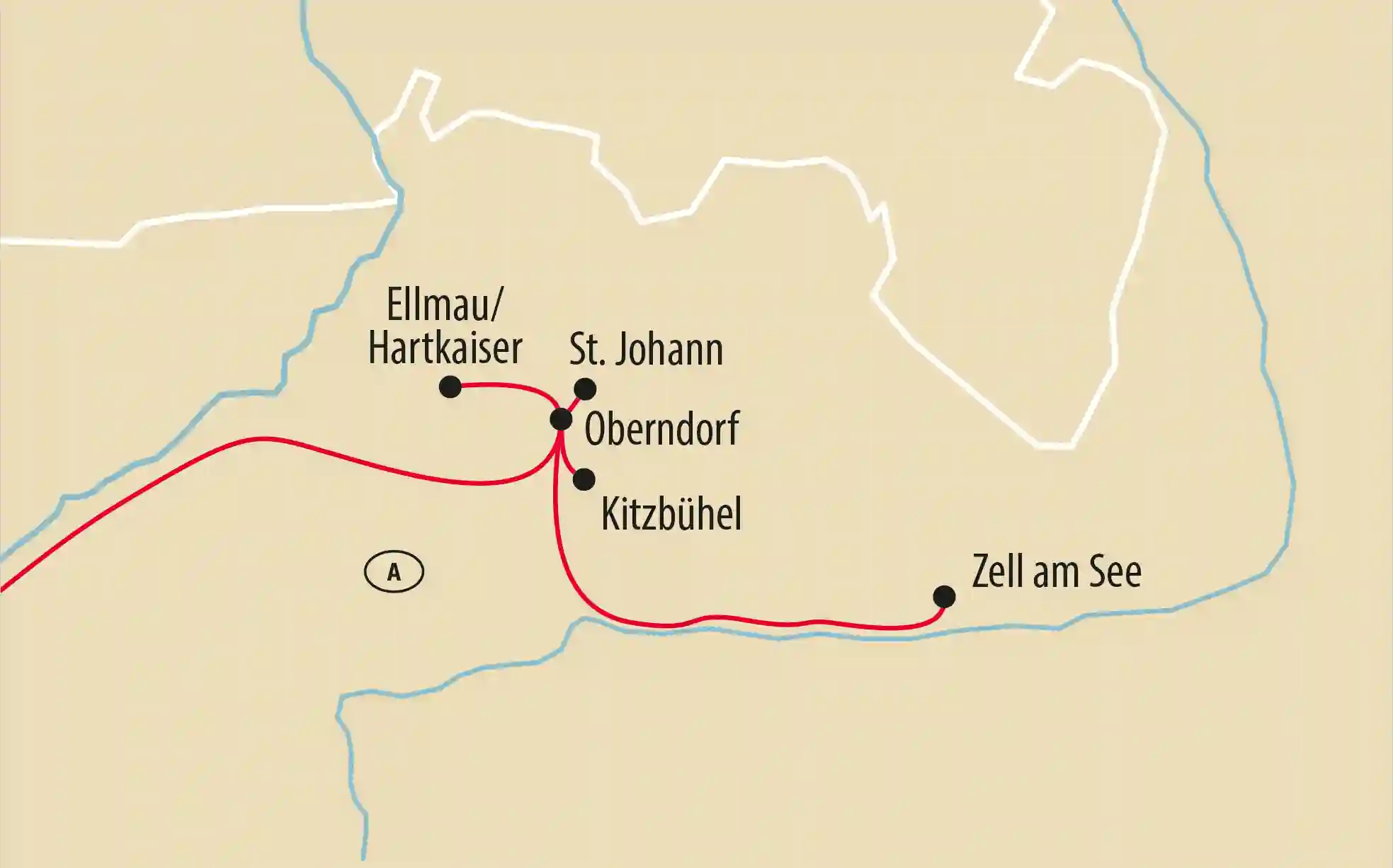 Karte einer Reiseroute in den Alpen mit Stationen in Ellmau Hartkaiser, St Johann, Oberndorf, Kitzbühel und Zell am See, verbunden durch eine rote Strecke