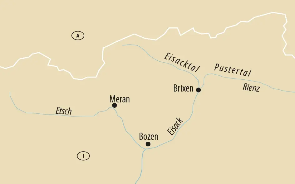 Karte mit Reiseverlauf über Meran, Bozen und Brixen in Südtirol.