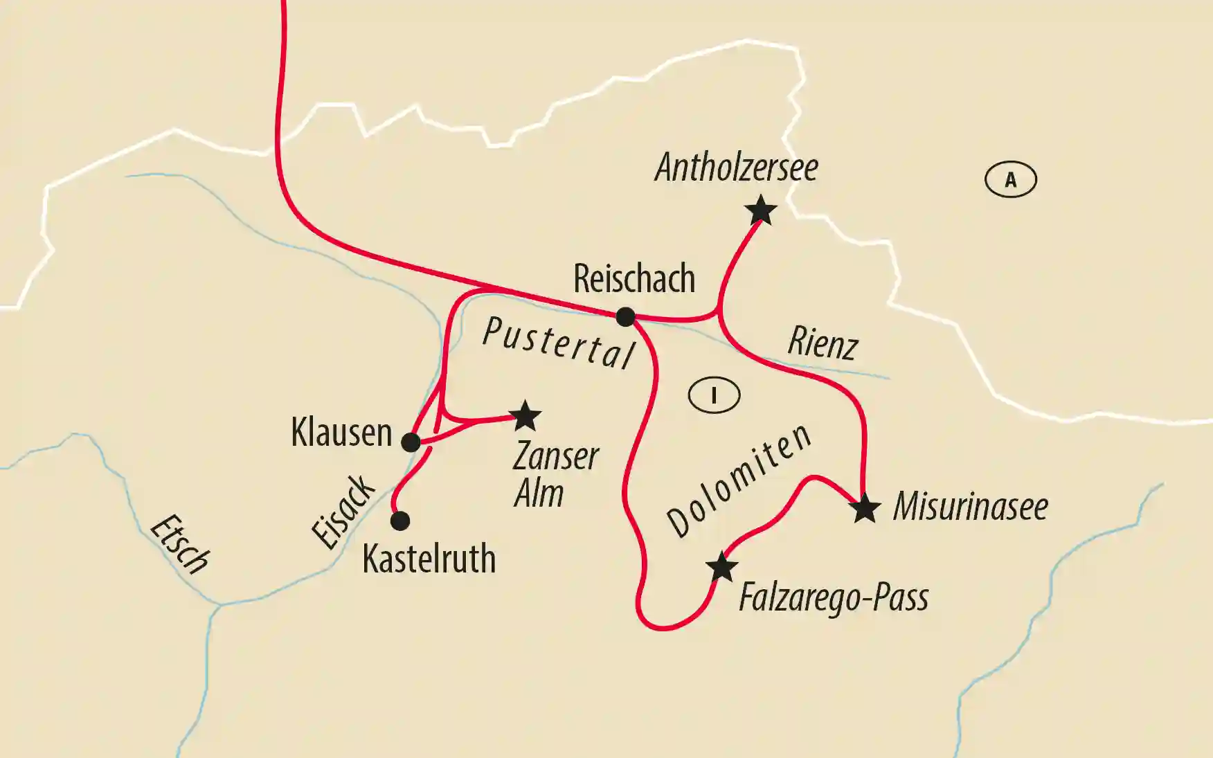 Übersichtskarte mit Reiseroute durch Pustertal, Dolomiten, Kastelruth, Antholzersee und Misurinasee