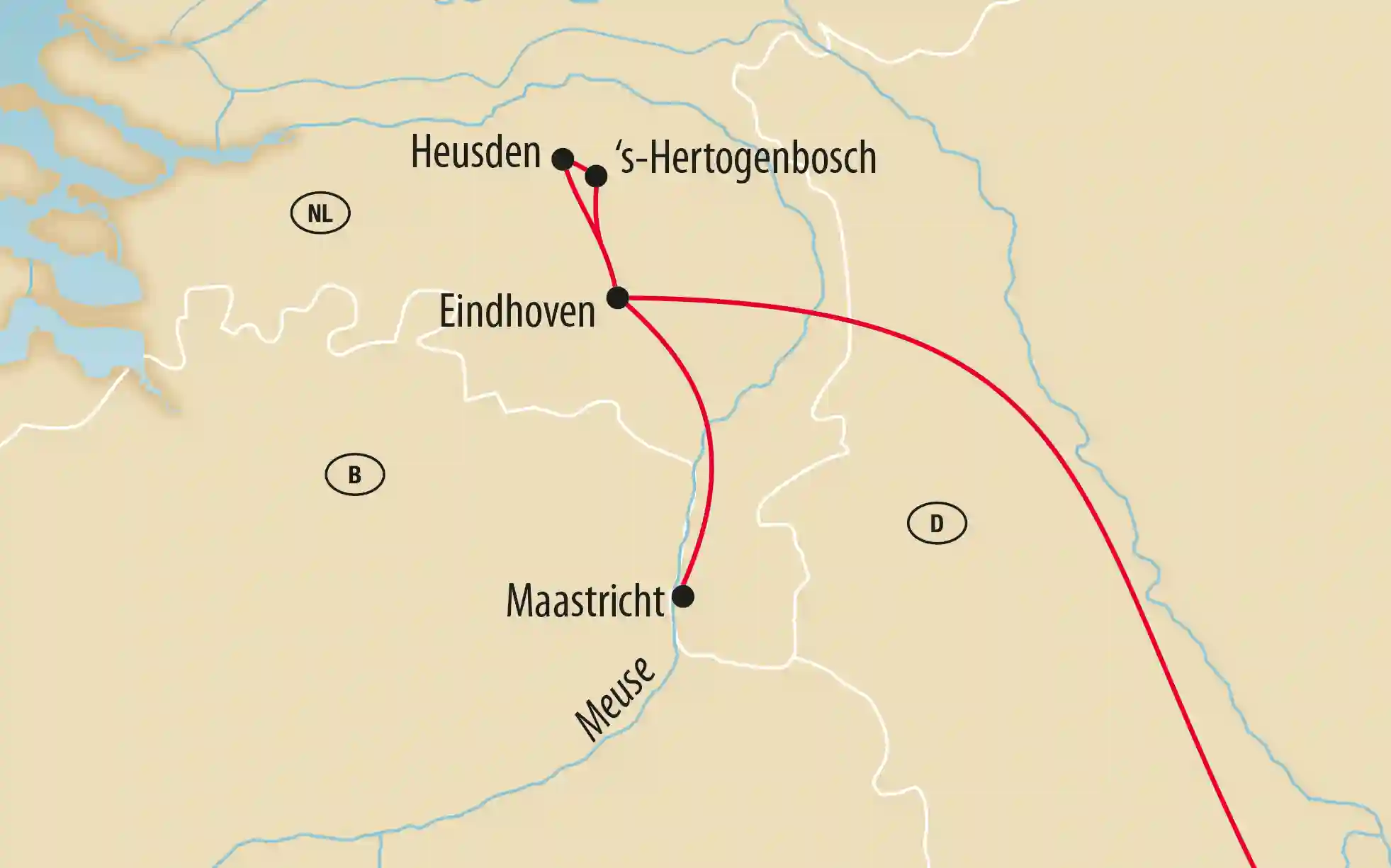 Carte des Pays Bas montrant un itinéraire entre Heusden, ’s Hertogenbosch, Eindhoven et Maastricht