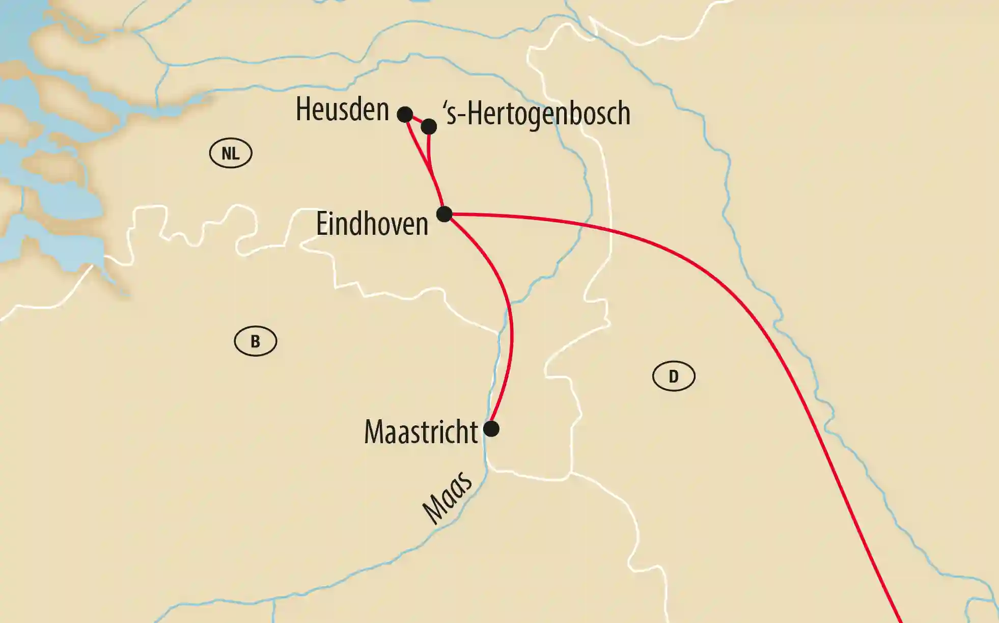 Übersichtskarte der Niederlande mit markierter Reiseroute zwischen Heusden, ’s Hertogenbosch, Eindhoven und Maastricht