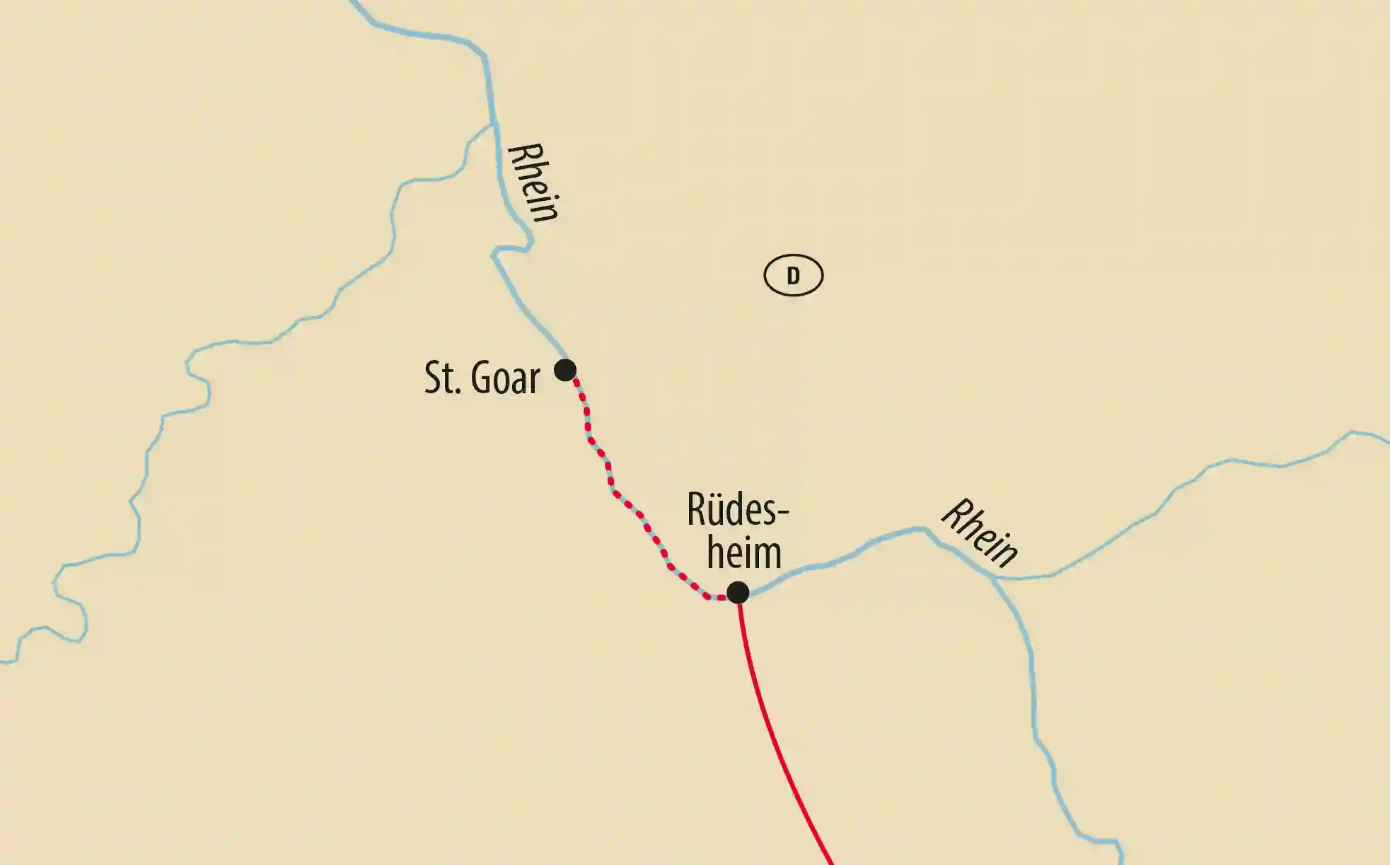 Karte der Rheinregion mit markierter Strecke zwischen St Goar und Rüdesheim