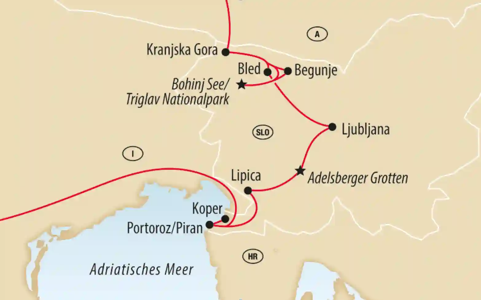 Übersichtskarte von Slowenien mit markierter Reiseroute durch Ljubljana Bled Bohinj See und Adriaküste