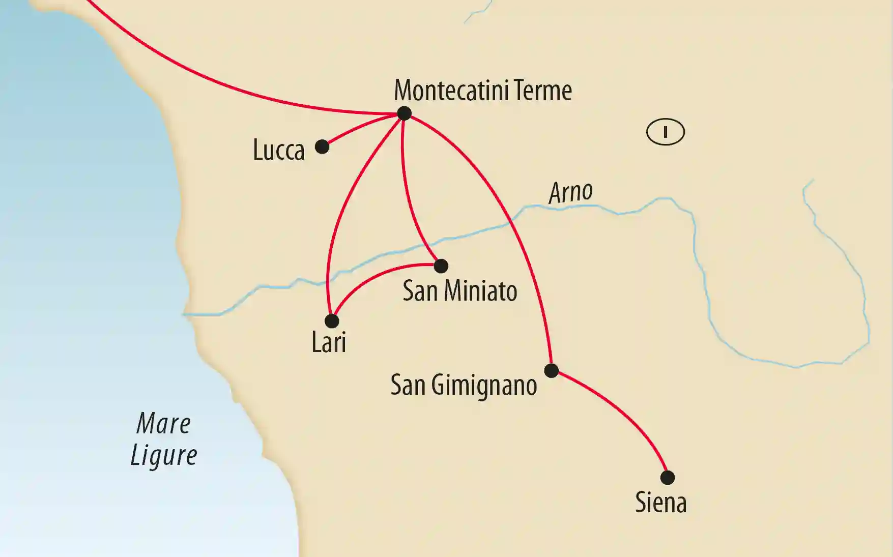 Carte de la Toscane avec itinéraire en rouge entre Montecatini Terme, Lucca, Lari, San Miniato, San Gimignano et Sienne; fleuve Arno et mer Ligure indiqués.