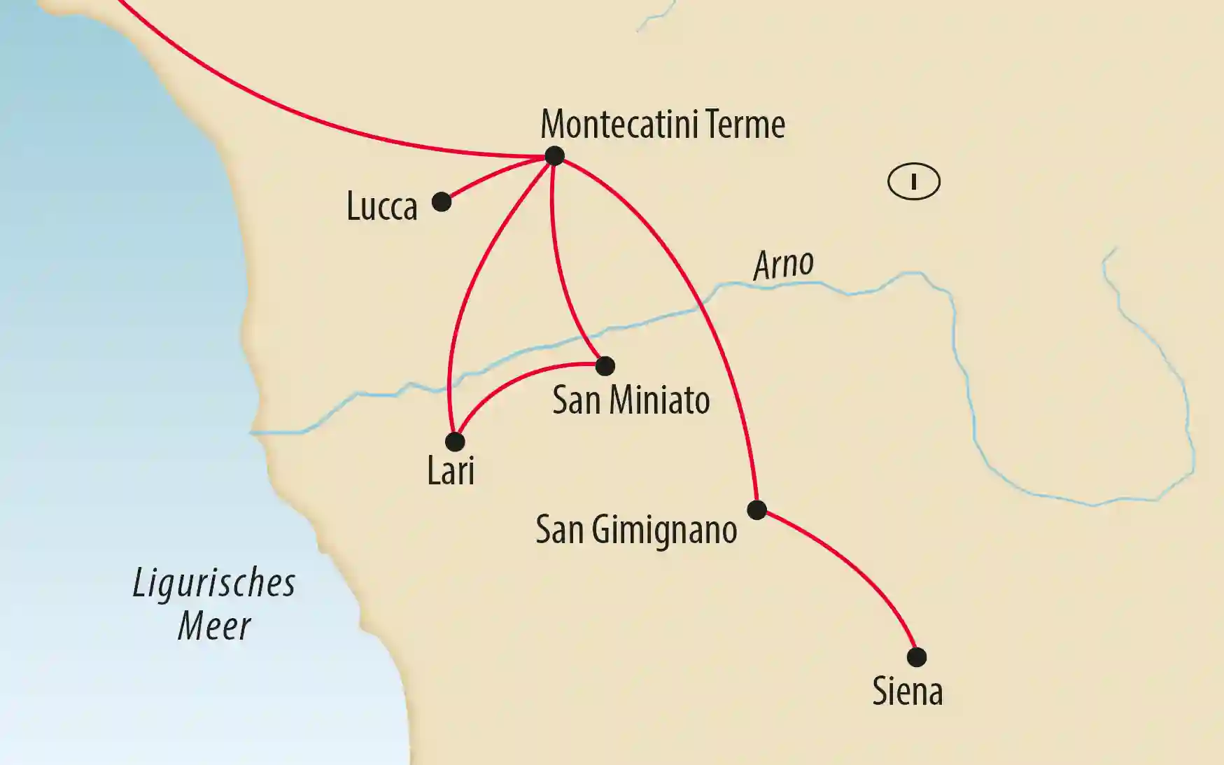 Karte der Toskana mit roter Reiseroute zwischen Montecatini Terme, Lucca, Lari, San Miniato, San Gimignano und Siena; Fluss Arno und Ligurisches Meer markiert.