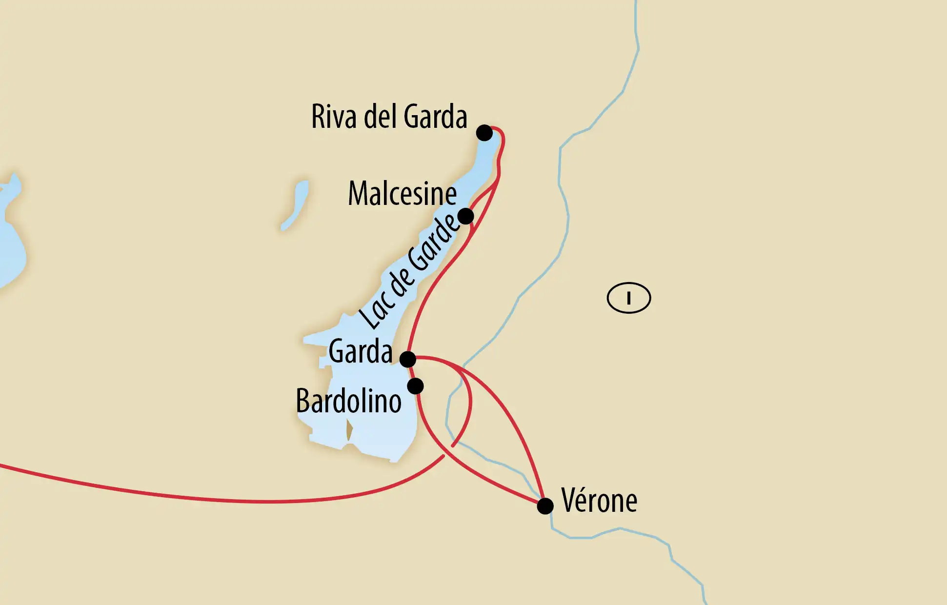 Carte avec itinéraire autour du lac de Garde et Vérone