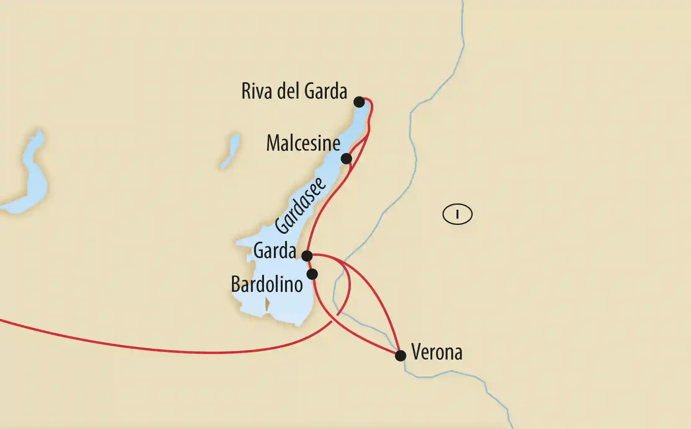 Karte mit Reiseroute am Gardasee und Verona