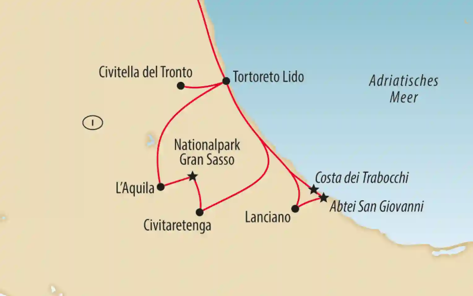 Übersichtskarte der Abruzzen mit Reiseroute, Orten wie L Aquila, Lanciano und der Adriaküste