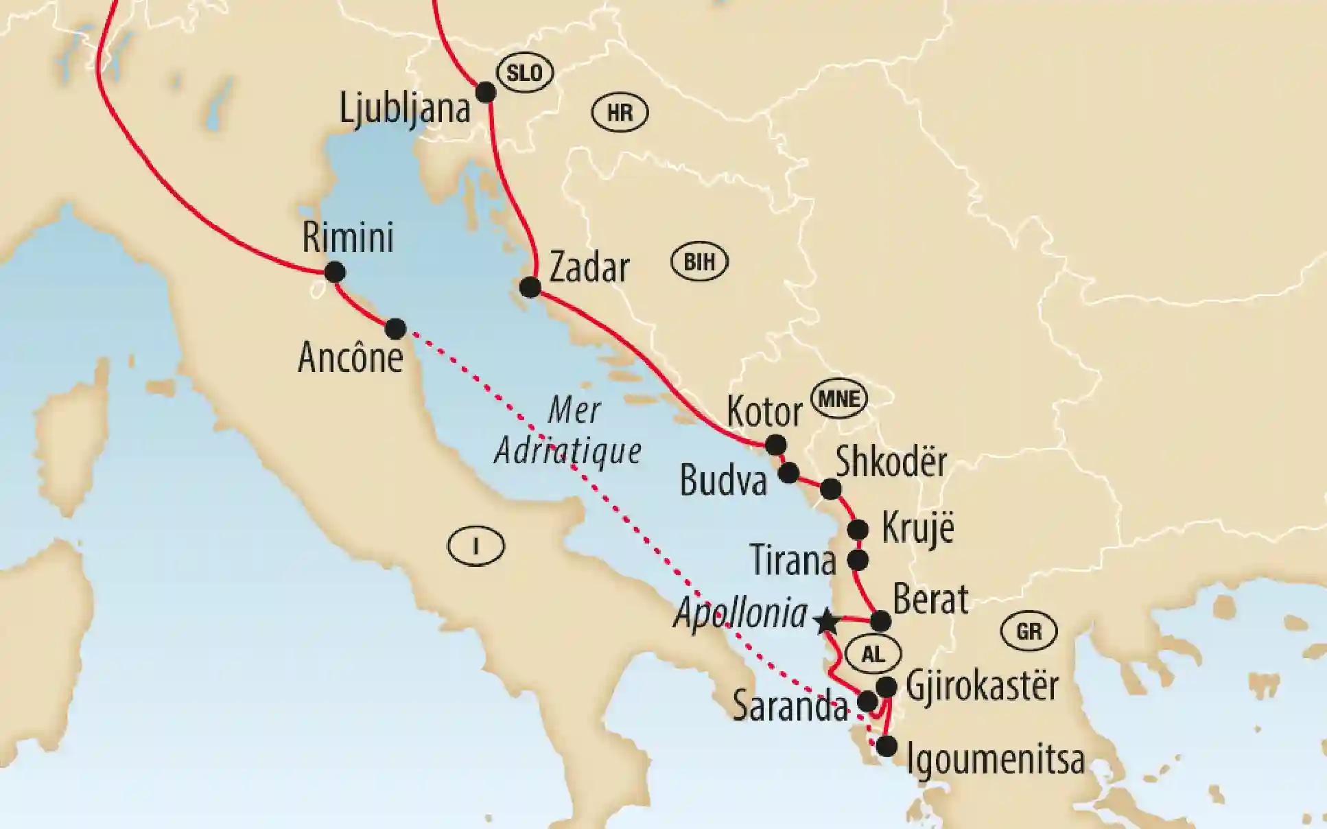Carte d itinéraire le long de la mer Adriatique avec une ligne rouge et des étapes comme Ljubljana, Zadar, Kotor, Tirana, Berat, Gjirokaster et Saranda