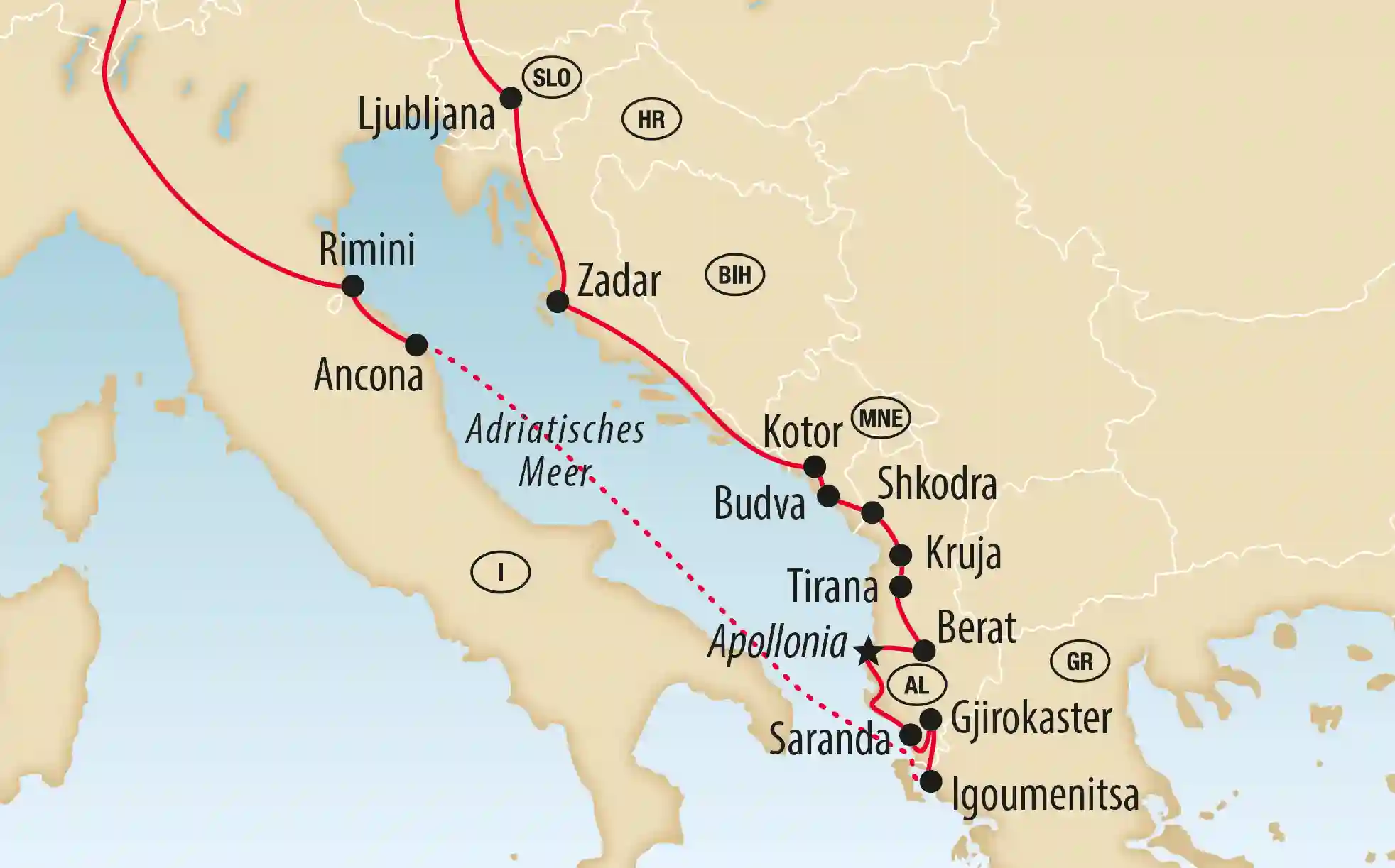 Kartenübersicht einer Reiseroute am Adriatischen Meer mit roter Linie und Stationen wie Ljubljana, Zadar, Kotor, Tirana, Berat, Gjirokaster und Saranda