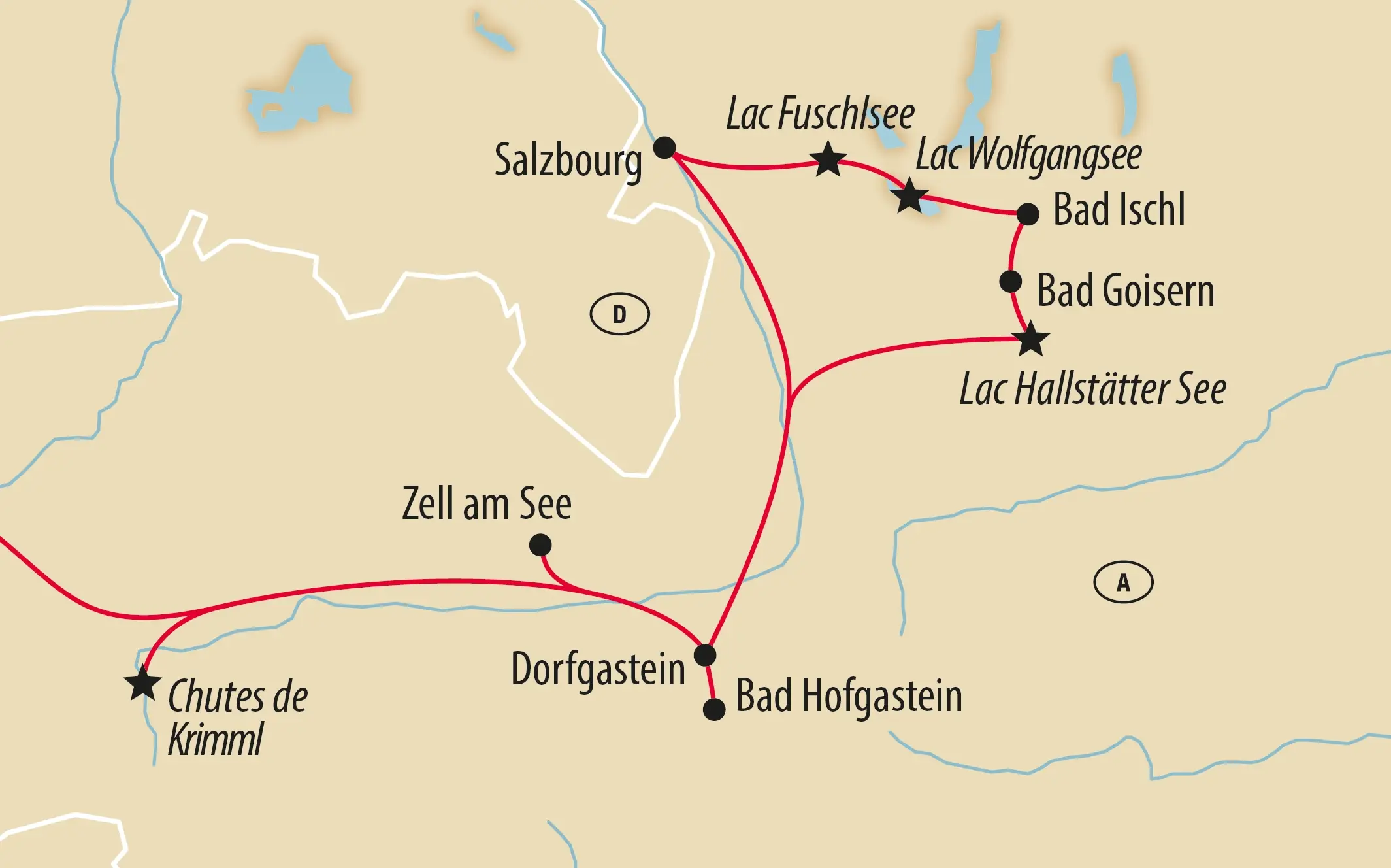 Carte avec itinéraire autour de Salzbourg, Wolfgangsee et Hallstätter See