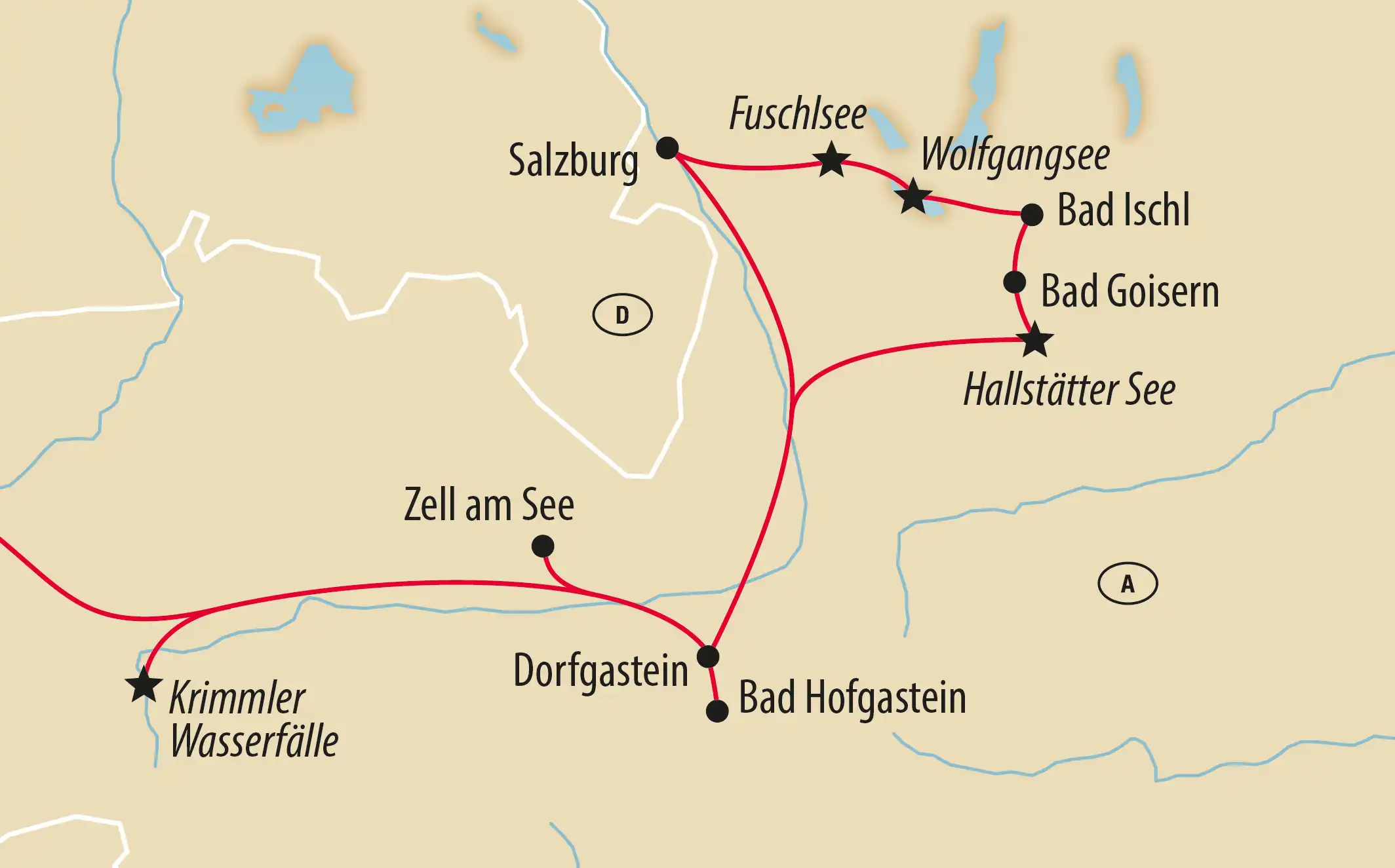 Karte mit Reiseroute durch Salzburg, Wolfgangsee und Hallstätter See