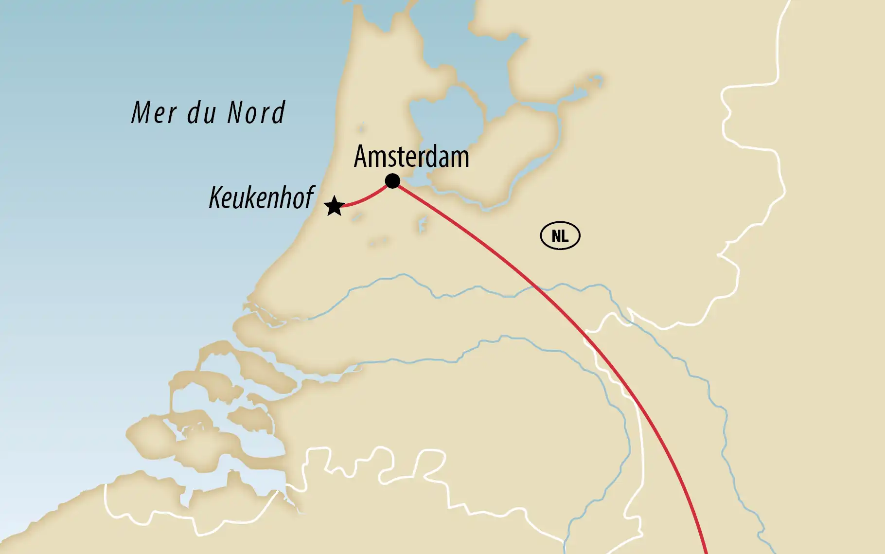 Carte du voyage aux Pays-Bas avec Amsterdam et Keukenhof