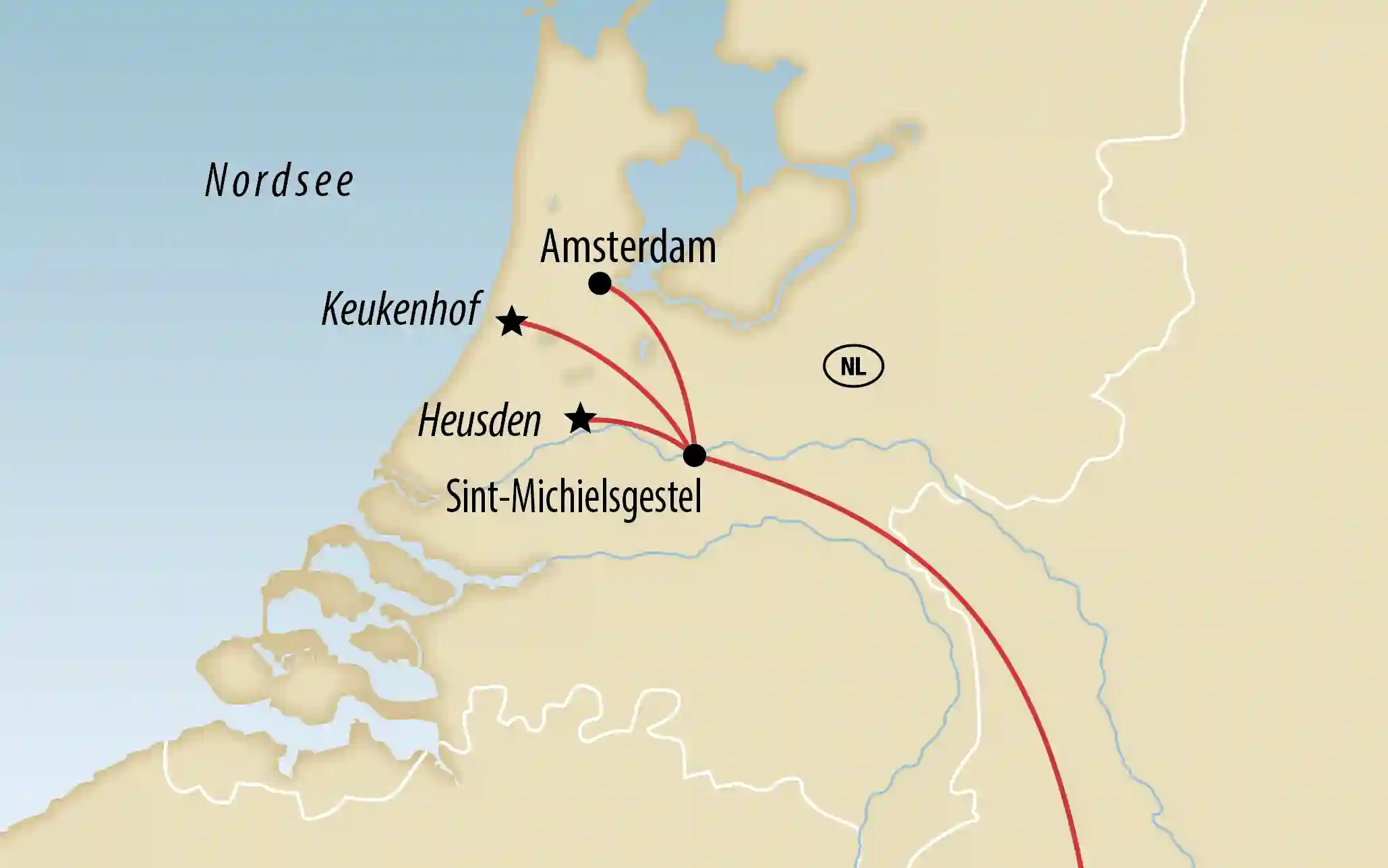 Übersichtskarte der Reise mit Amsterdam Keukenhof und Heusden
