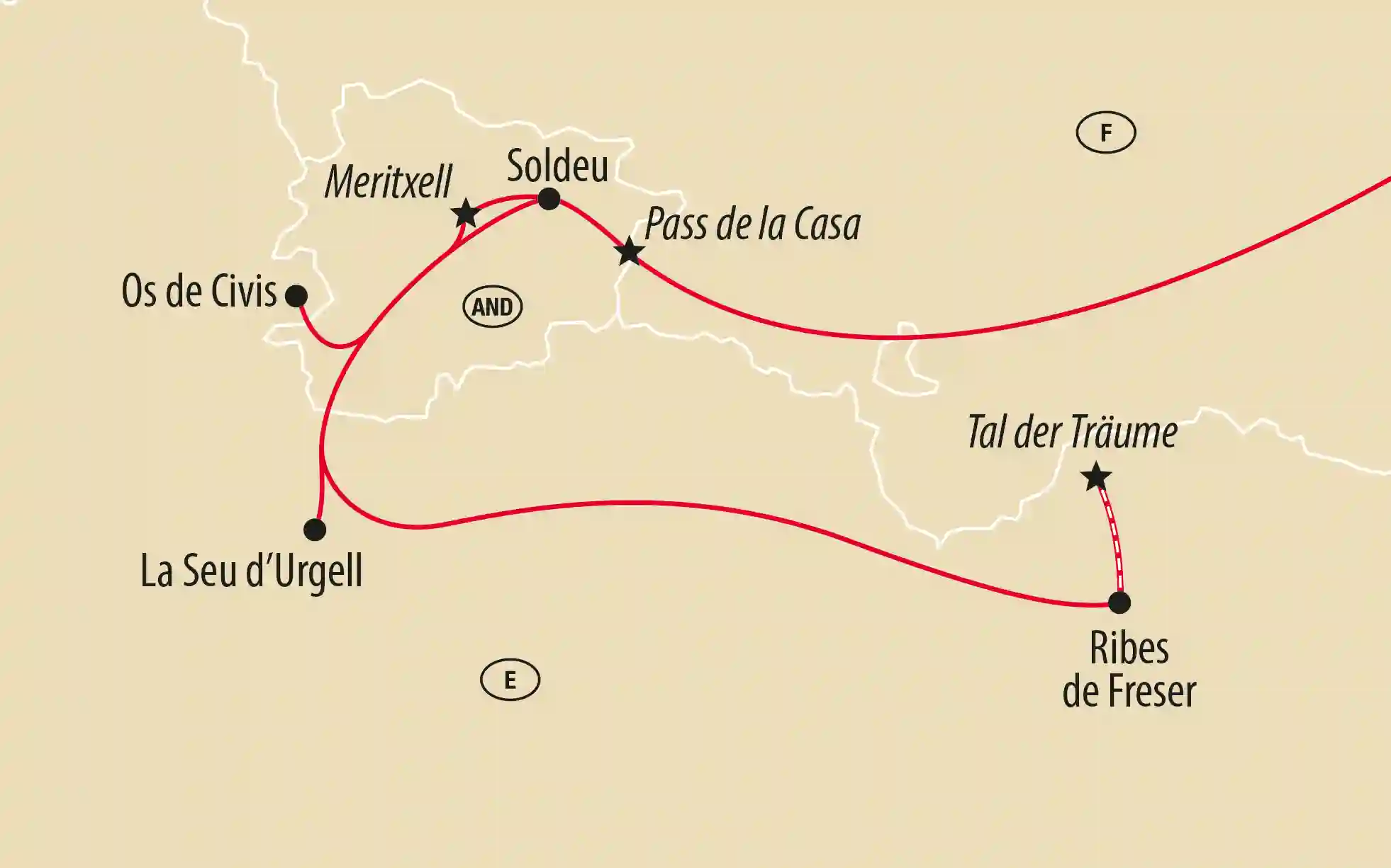 Karte von Spanien, Portugal und Andorra mit Reiseroute durch Pyrenäen und Gebirgsregionen