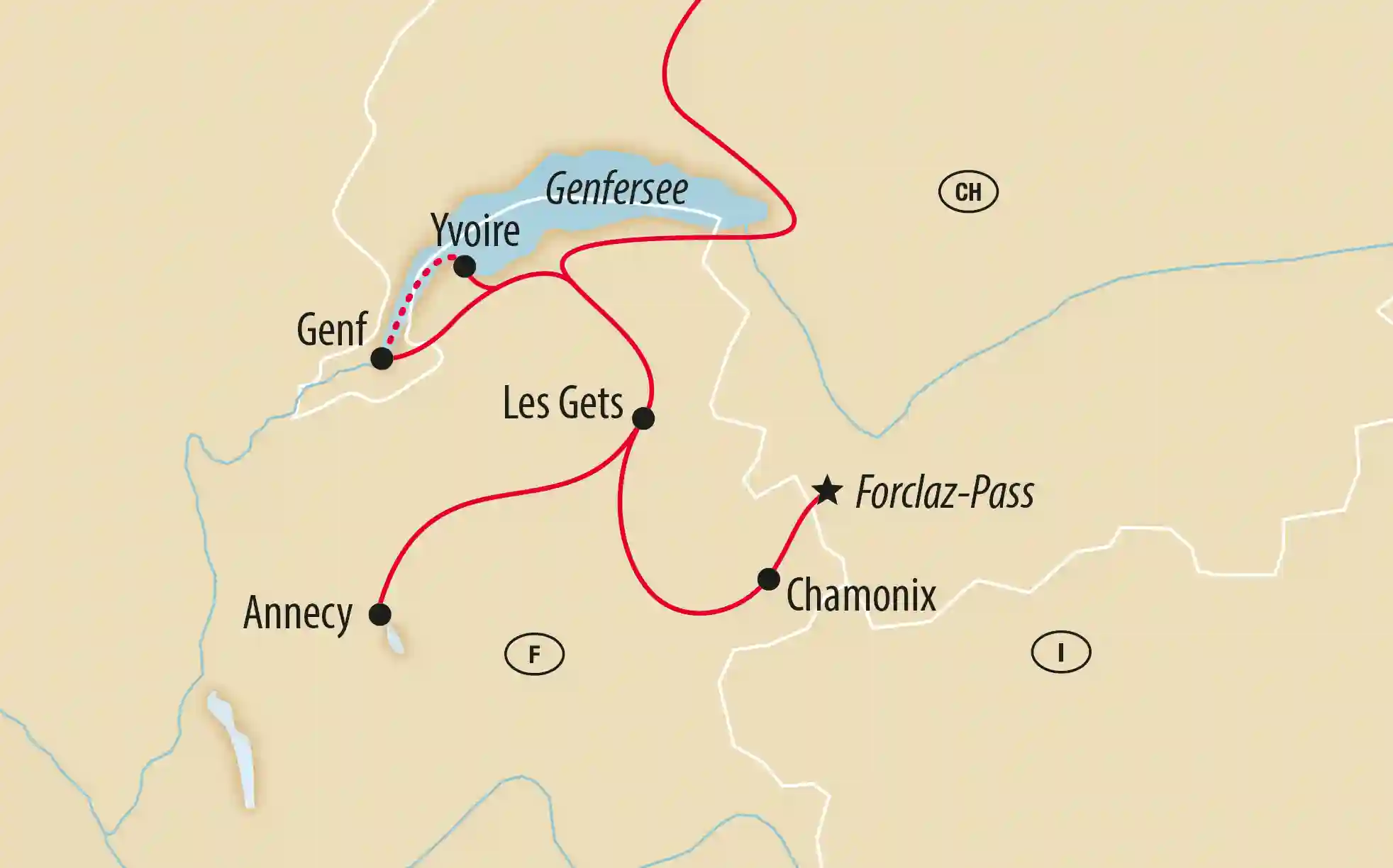 Übersichtskarte der Alpenregion mit Reiseroute über Genfersee, Annecy, Les Gets und Chamonix