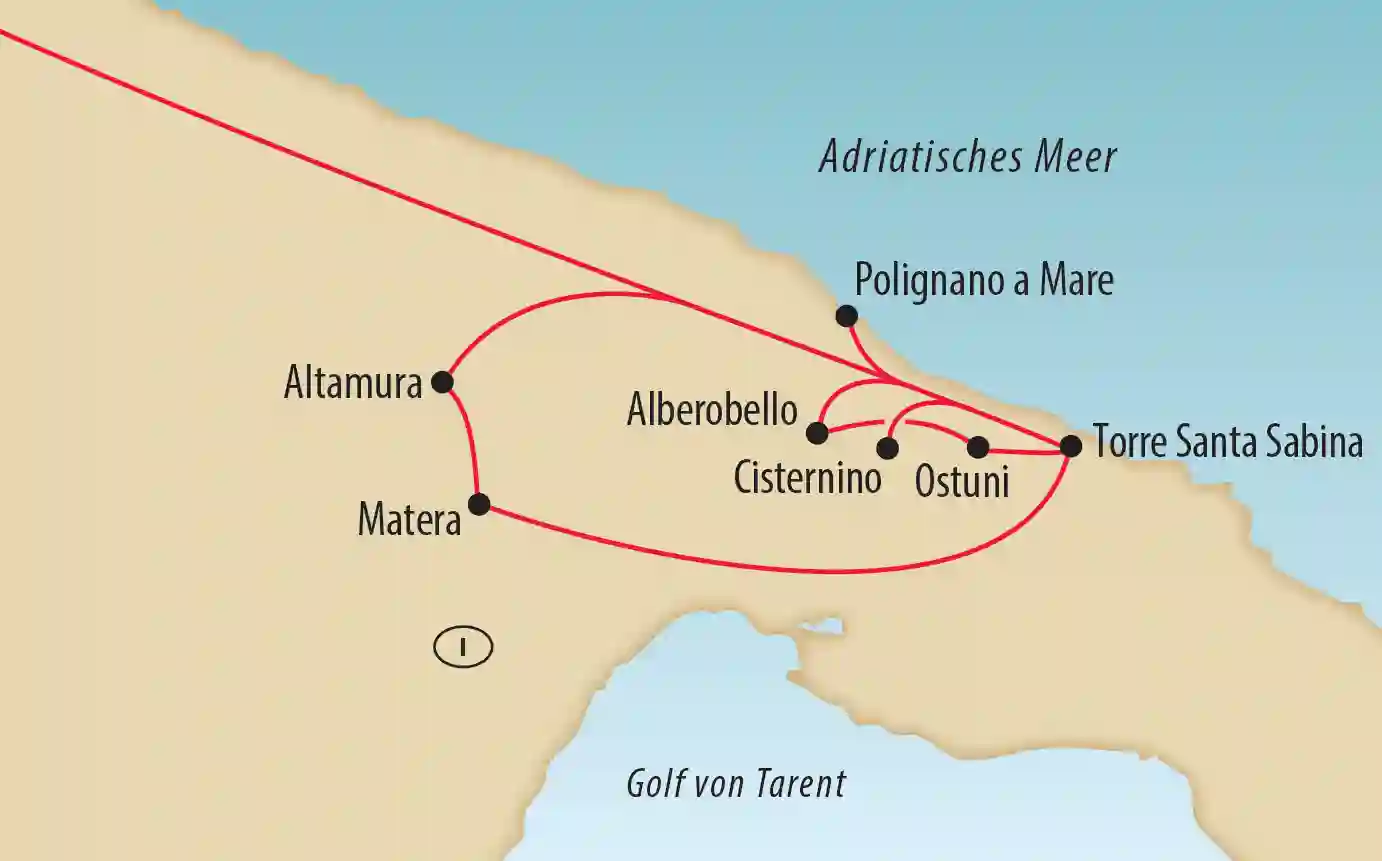 Übersichtskarte von Apulien mit markierter Reiseroute zwischen Matera, Alberobello, Ostuni, Polignano a Mare und Torre Santa Sabina entlang der Adriaküste