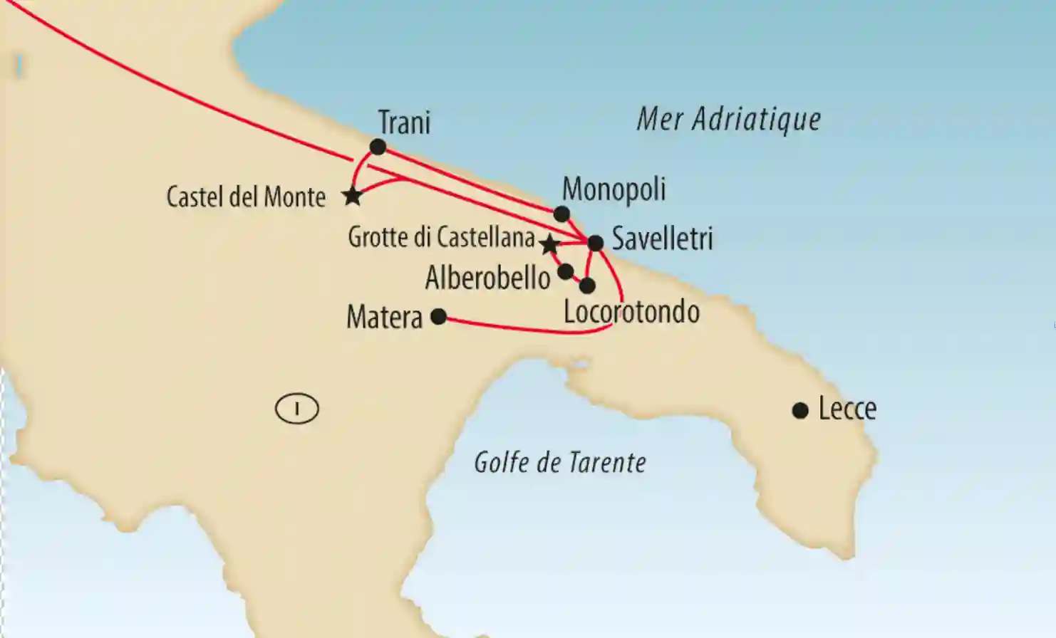 Carte des Pouilles avec itinéraire entre Matera, Alberobello, Monopoli et les villes côtières