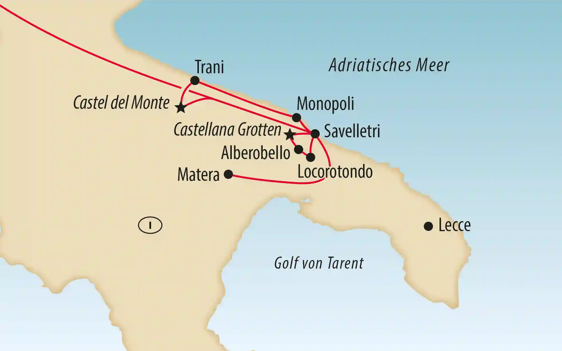 Karte von Apulien mit Reiseroute zwischen Matera, Alberobello, Monopoli und Küstenorten