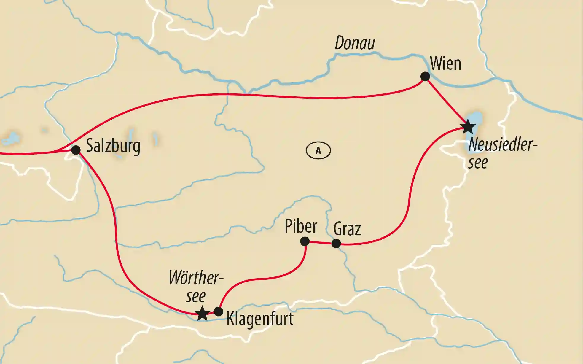 Übersichtskarte von Österreich mit Reiseroute über Salzburg Wien Graz Klagenfurt und Wörthersee