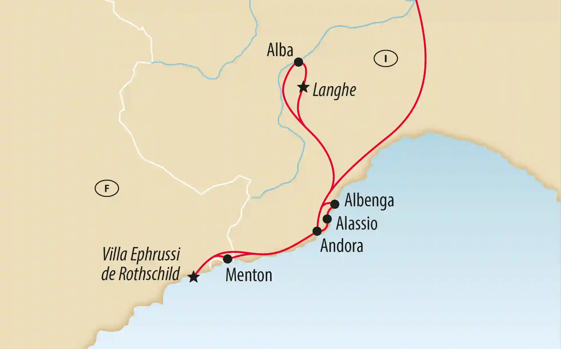 Übersichtskarte mit Reiseroute von Menton über Alassio, Albenga und Andora bis nach Alba und die Region Langhe
