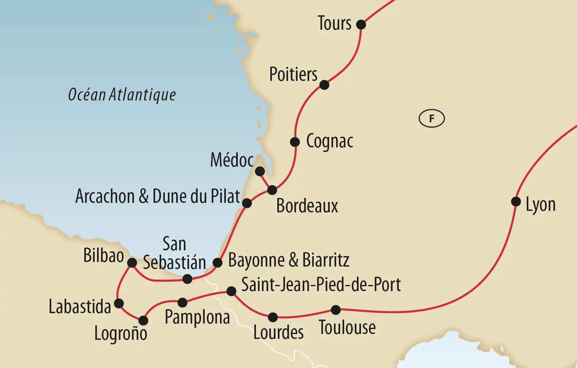 Carte détaillée d'un circuit à travers la France et le nord de l'Espagne avec des étapes comme Bordeaux, Bilbao et Lyon