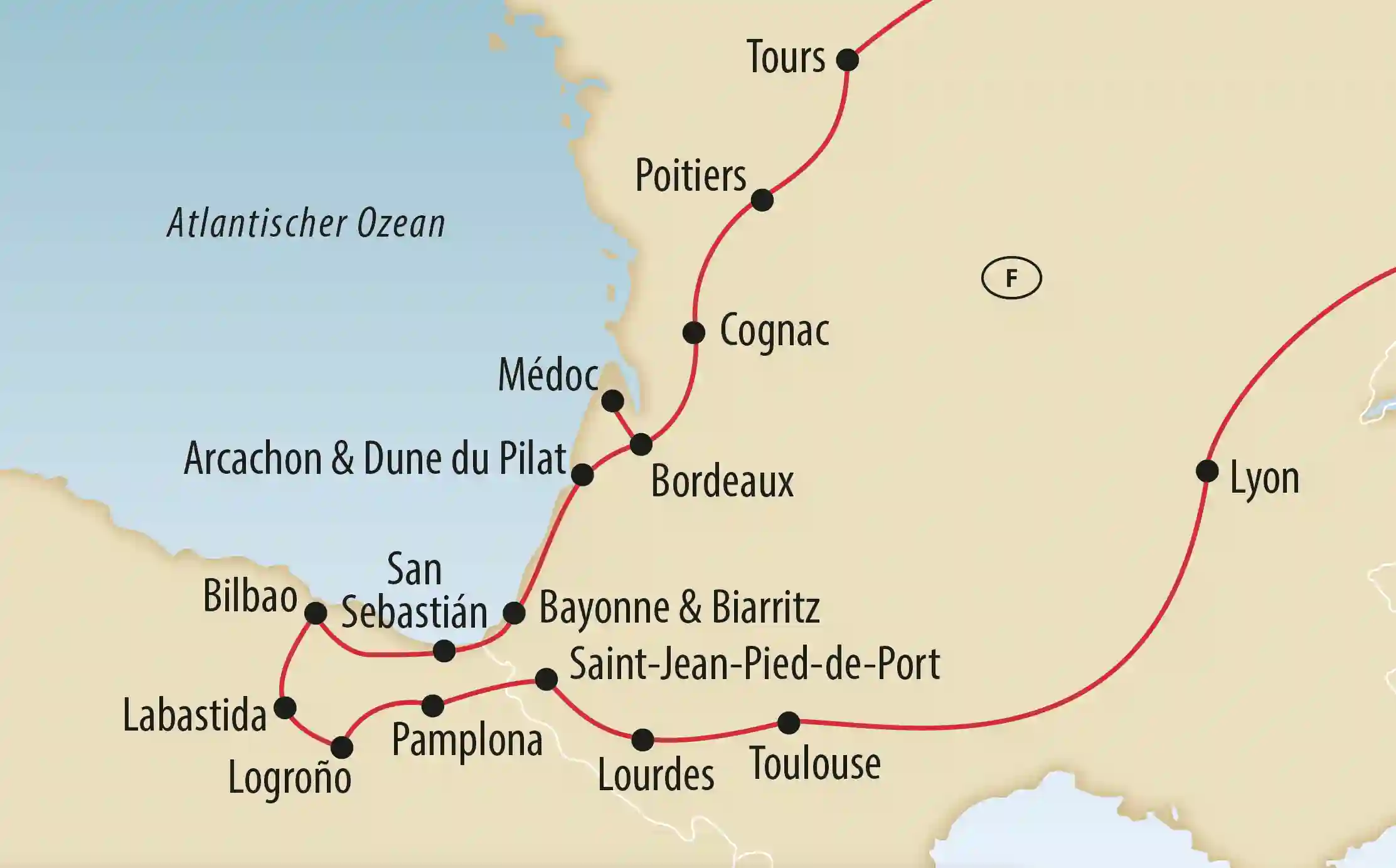 Karte einer Reiseroute durch Frankreich und Spanien mit markierten Städten, Weinregionen und Küstenorten