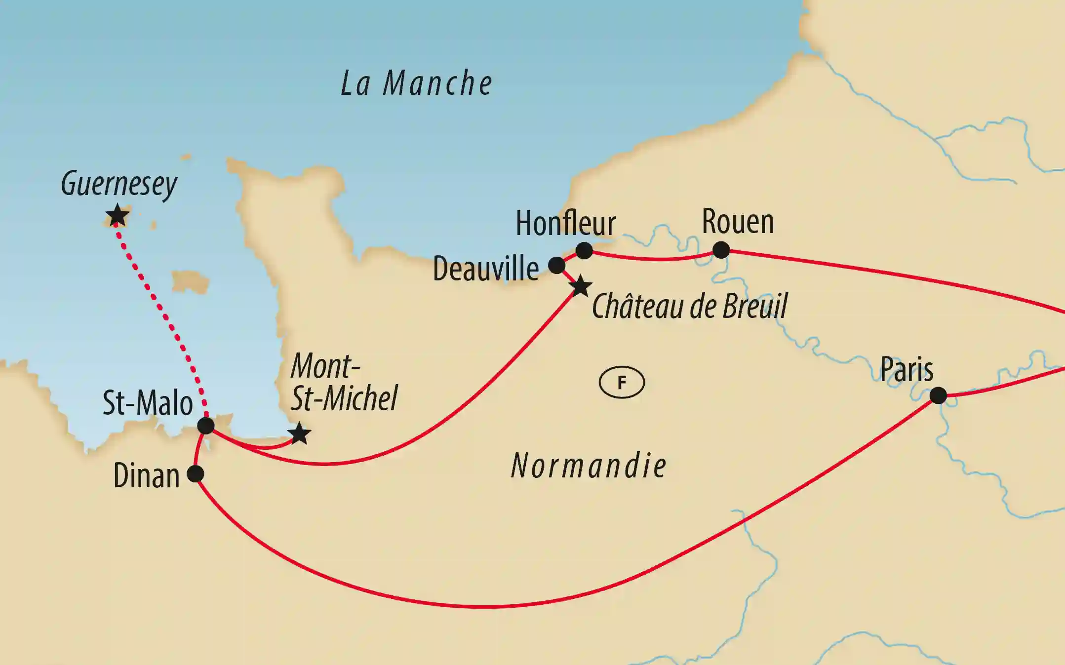 Carte d'un itinéraire de voyage en Normandie avec des étapes comme Paris, Rouen, Honfleur, Deauville, Dinan, Saint Malo, Mont Saint Michel et Guernesey