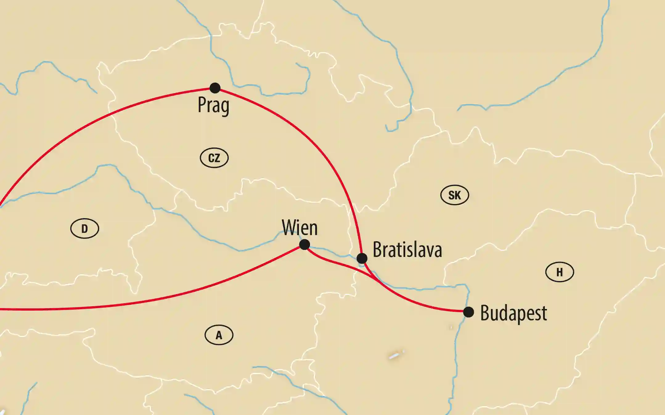 Übersichtskarte einer Reiseroute durch Mitteleuropa mit Stationen in Prag, Wien, Bratislava und Budapest