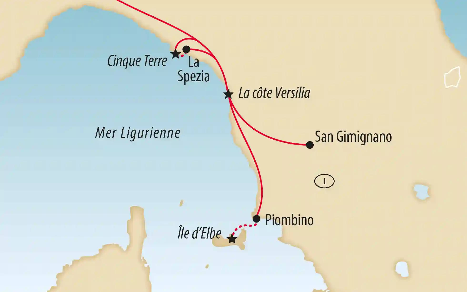 Carte de la côte ligurienne montrant les Cinque Terre, La Spezia, la côte de Versilia et l île d Elbe en mer Ligure