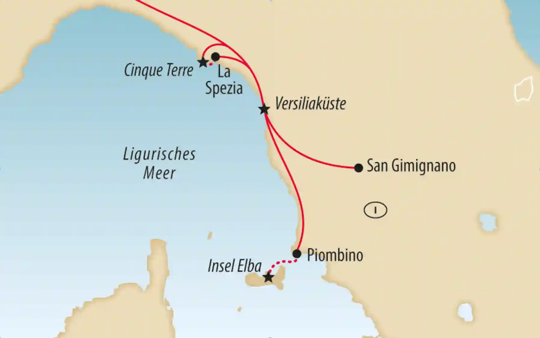 Karte der ligurischen Küste mit Cinque Terre, La Spezia, Versiliaküste und der Insel Elba im Ligurischen Meer