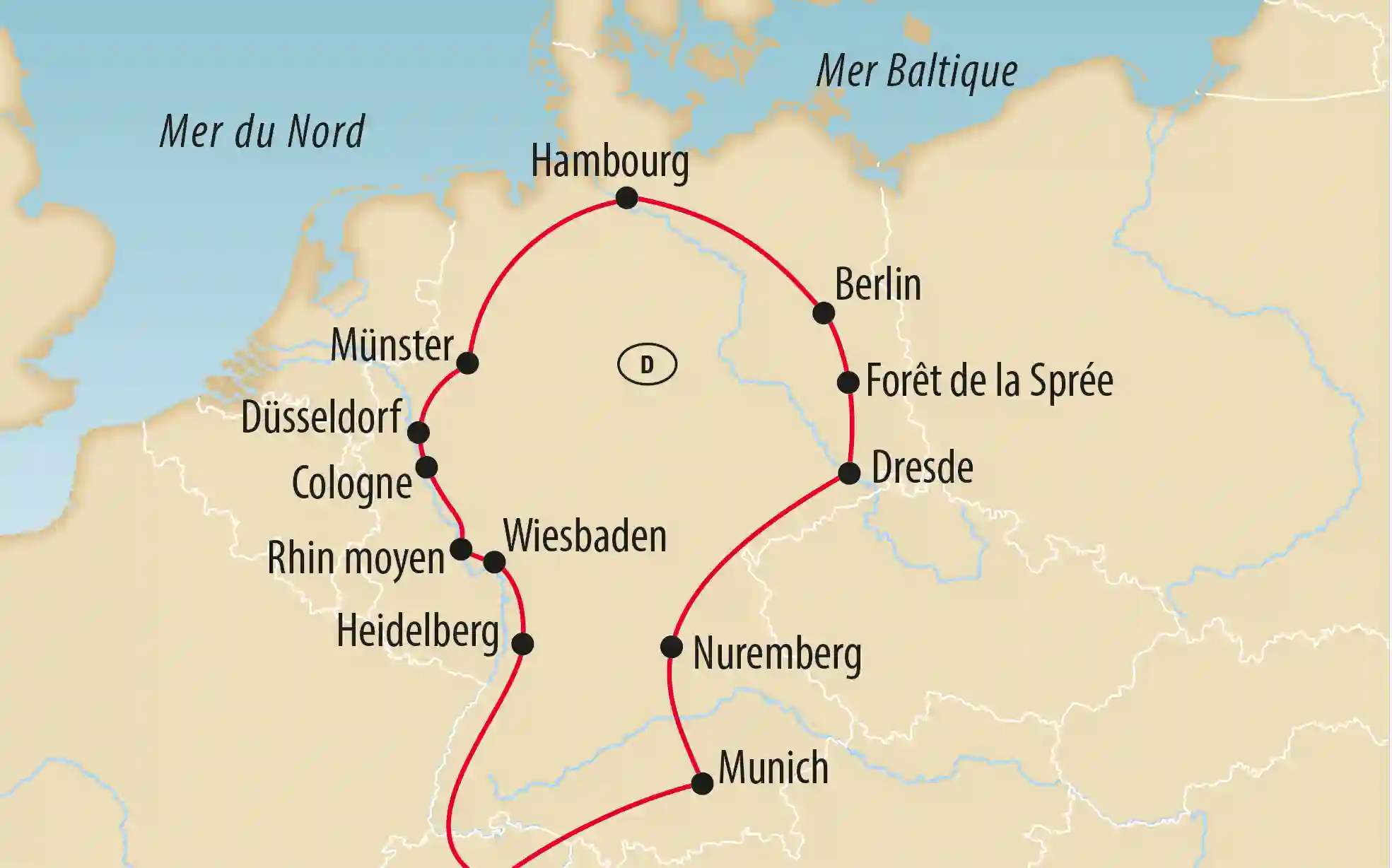 Carte de l’Allemagne montrant un itinéraire de voyage passant par Hambourg Berlin Dresde Nuremberg Munich Cologne et Heidelberg