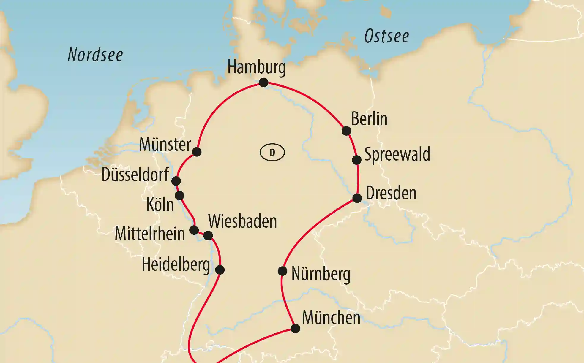 Karte von Deutschland mit markierter Reiseroute durch Hamburg Berlin Dresden Nürnberg München Köln und Heidelberg