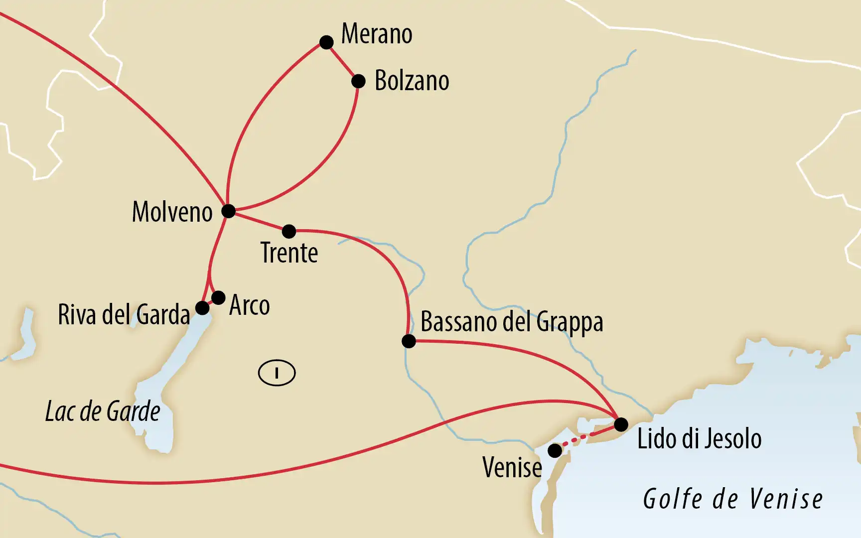Carte de voyage du nord de l Italie avec des villes indiquees et des itineraires marques