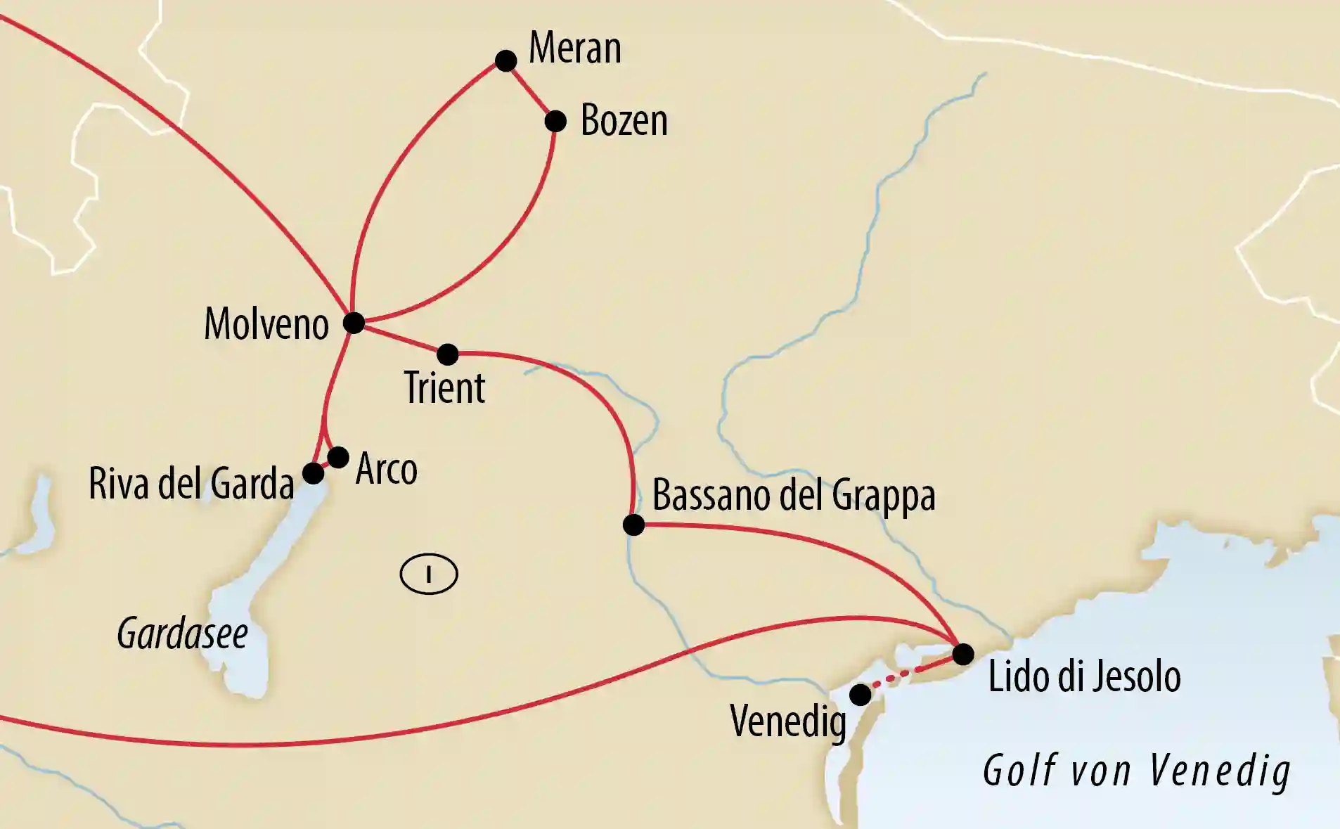 Übersichtskarte einer Reiseroute durch Norditalien mit markierten Orten und Verbindungsstrecken
