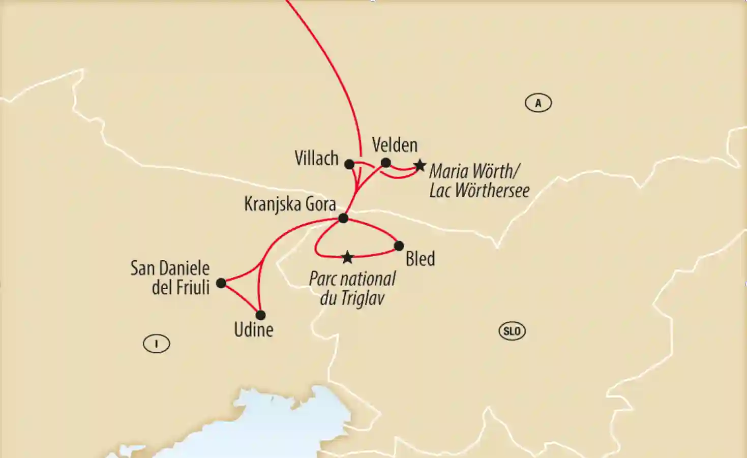 Carte d’un itinéraire de voyage en Slovénie avec lieux et trajets indiqués