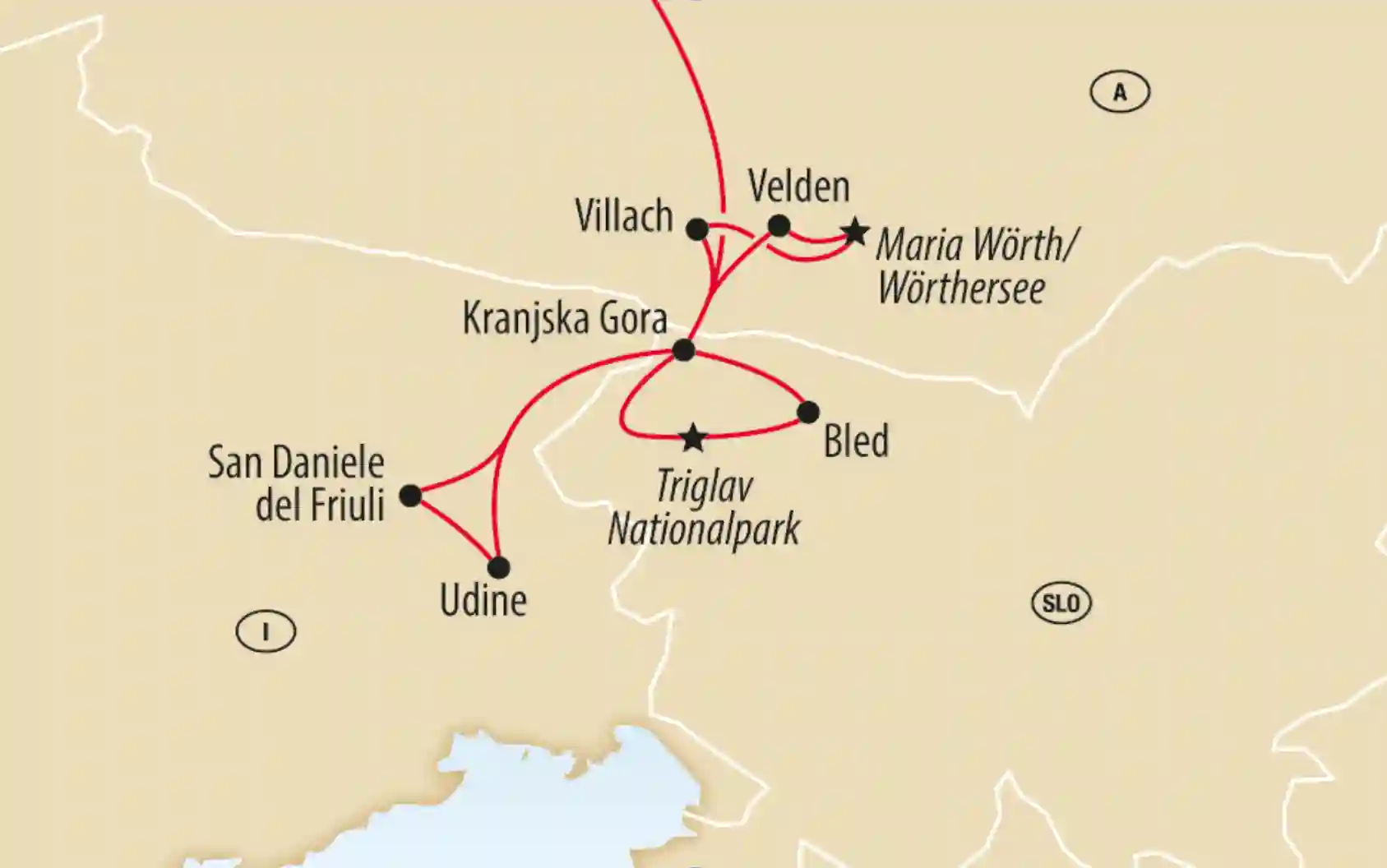 Übersichtskarte einer Rundreise durch Slowenien mit Stationen Bled, Velden und Triglav Nationalpark