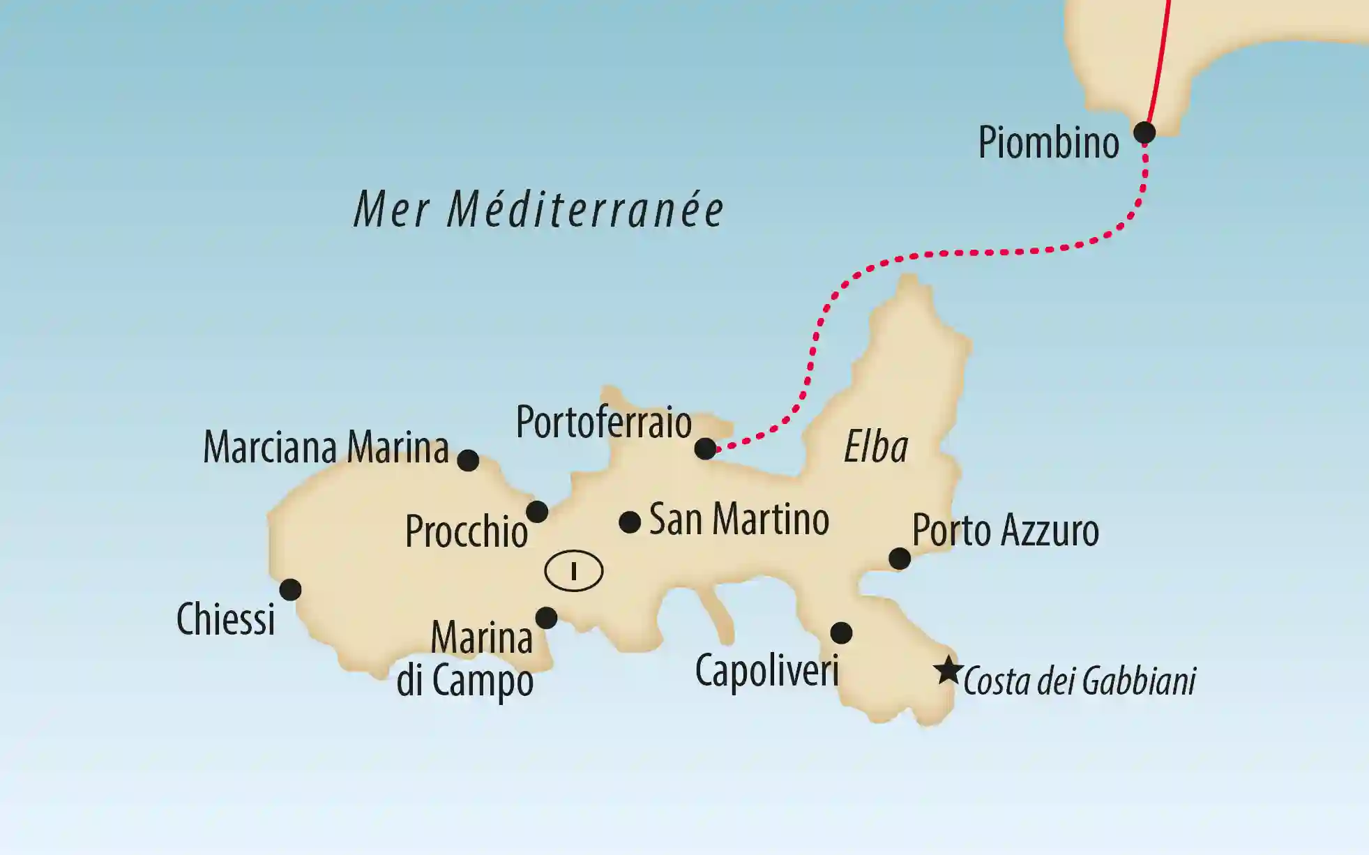 Carte de l’île d’Elbe avec des localités et des points, itinéraire de ferry en pointillés de Piombino à Portoferraio en Méditerranée.