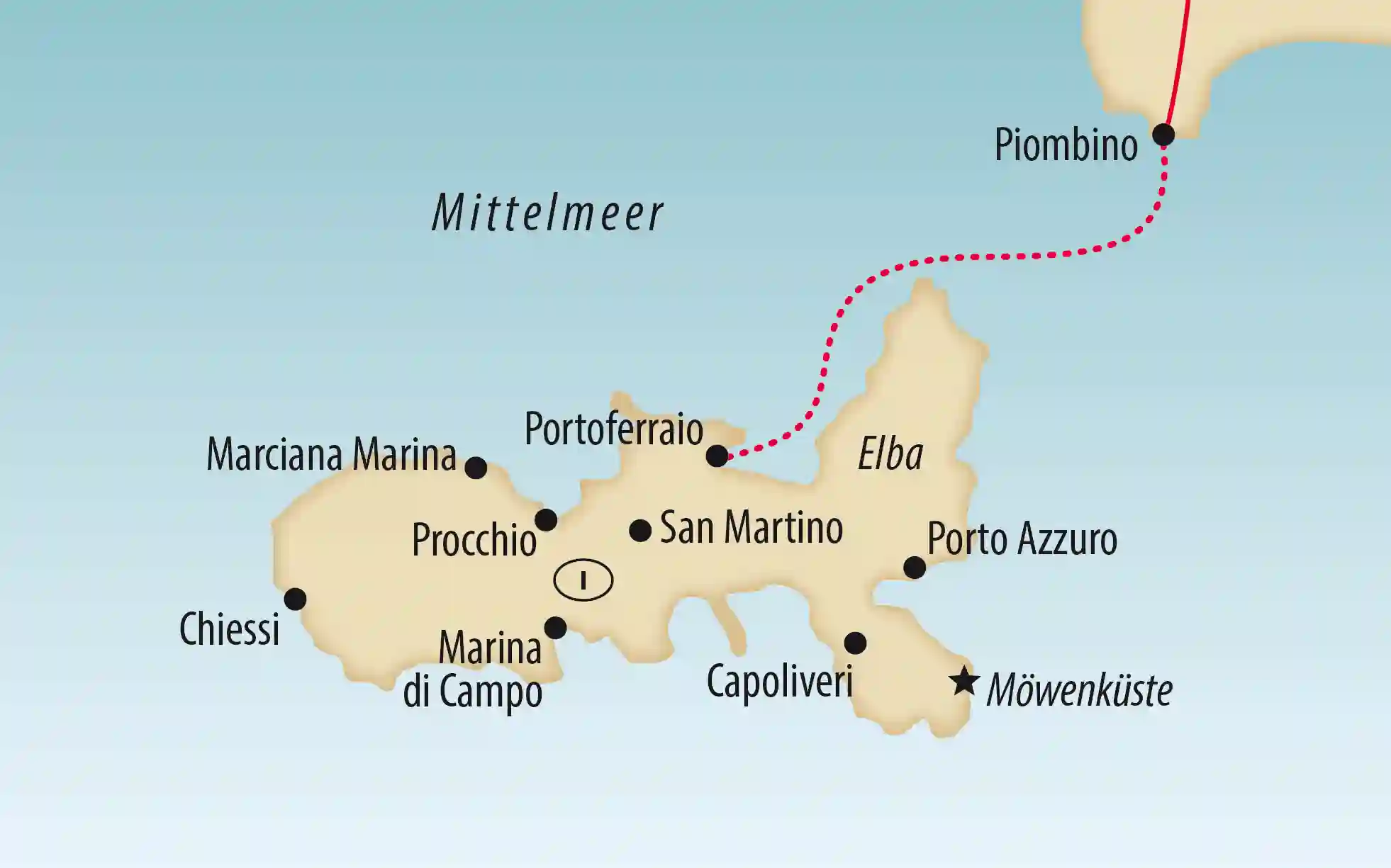 Karte der Insel Elba mit Orten und Punkten, gestrichelte Fährroute von Piombino nach Portoferraio im Mittelmeer.