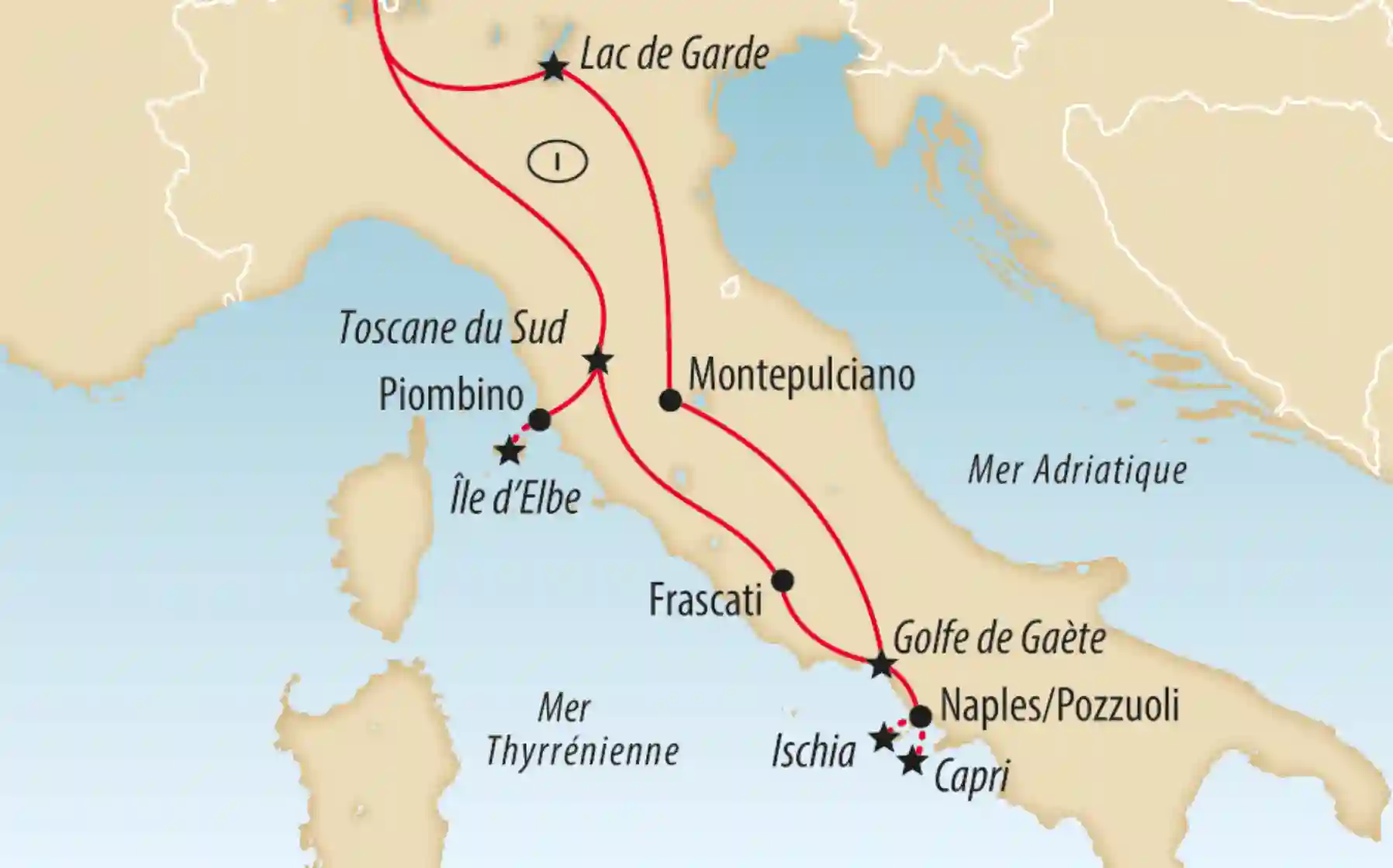 Carte de l Italie montrant un itinéraire de voyage vers le lac de Garde, le Tyrol du Sud, l île d Elbe, Ischia, Capri et Naples