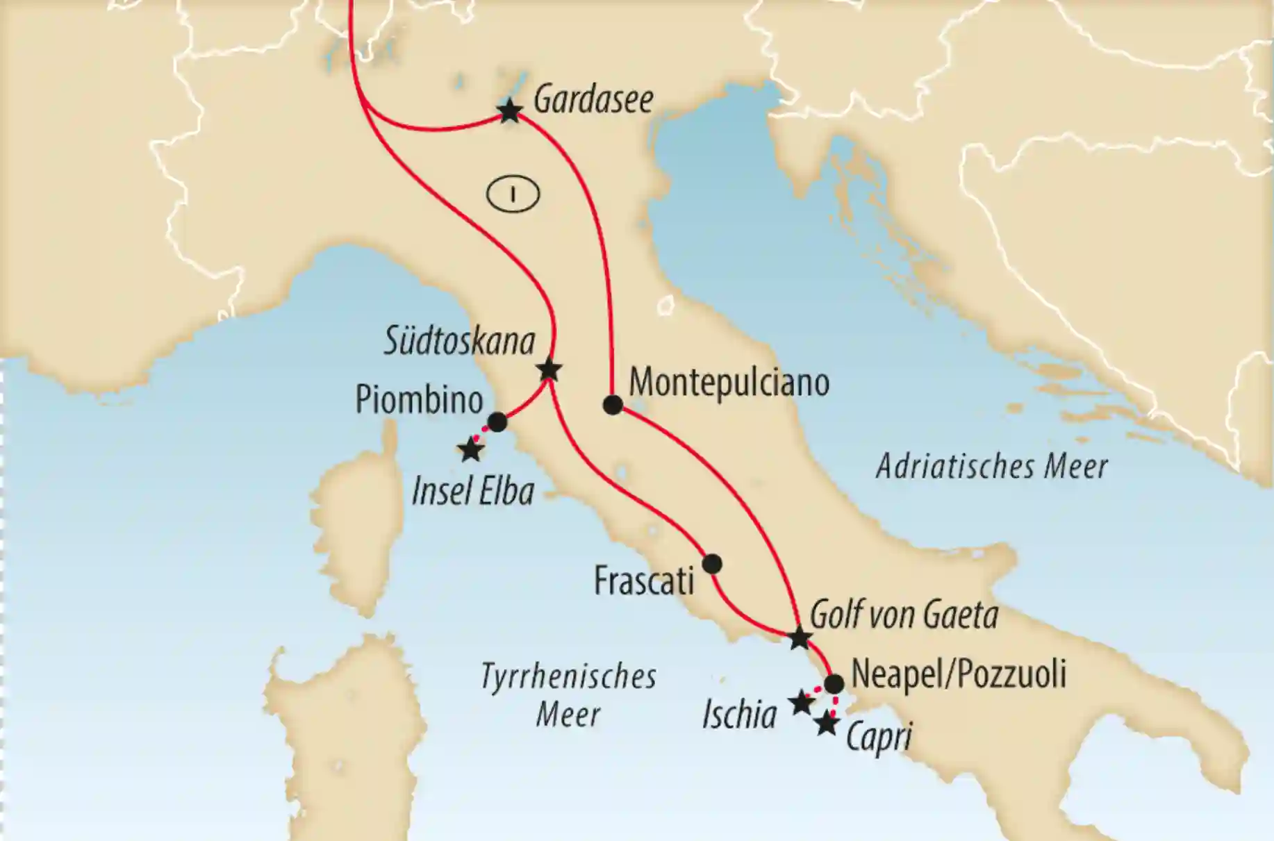 Übersichtskarte von Italien mit Reiseroute zu Gardasee, Südtirol, Elba, Ischia, Capri und Neapel
