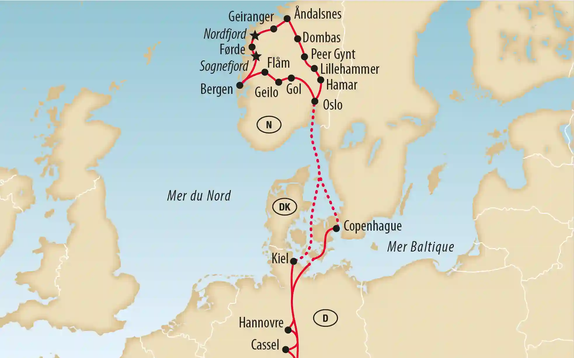 Carte de la Scandinavie avec itinéraire indiqué à travers la Norvège, le Danemark et l’Allemagne, villes marquées comme Bergen, Oslo et Geiranger