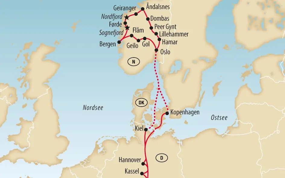 Karte von Skandinavien mit markierter Reiseroute durch Norwegen, Dänemark und Deutschland sowie eingezeichneten Orten wie Bergen, Oslo und Geiranger