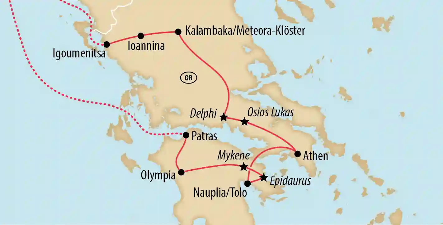 Übersichtskarte von Griechenland mit markierter Rundreiseroute und Stationen im Landesinneren