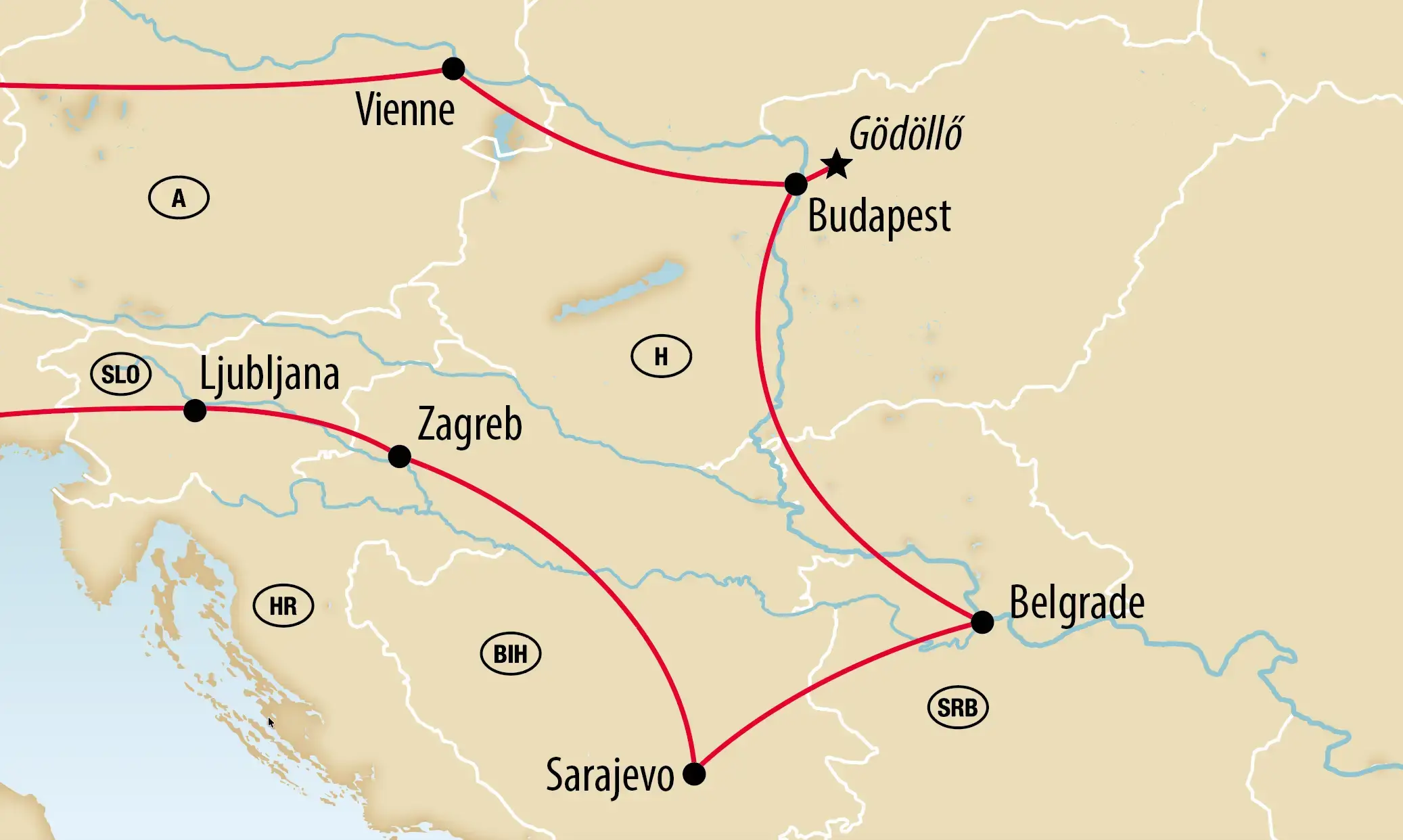 Itinéraire passant par Vienne, Budapest, Belgrade, Sarajevo, Zagreb et Ljubljana.