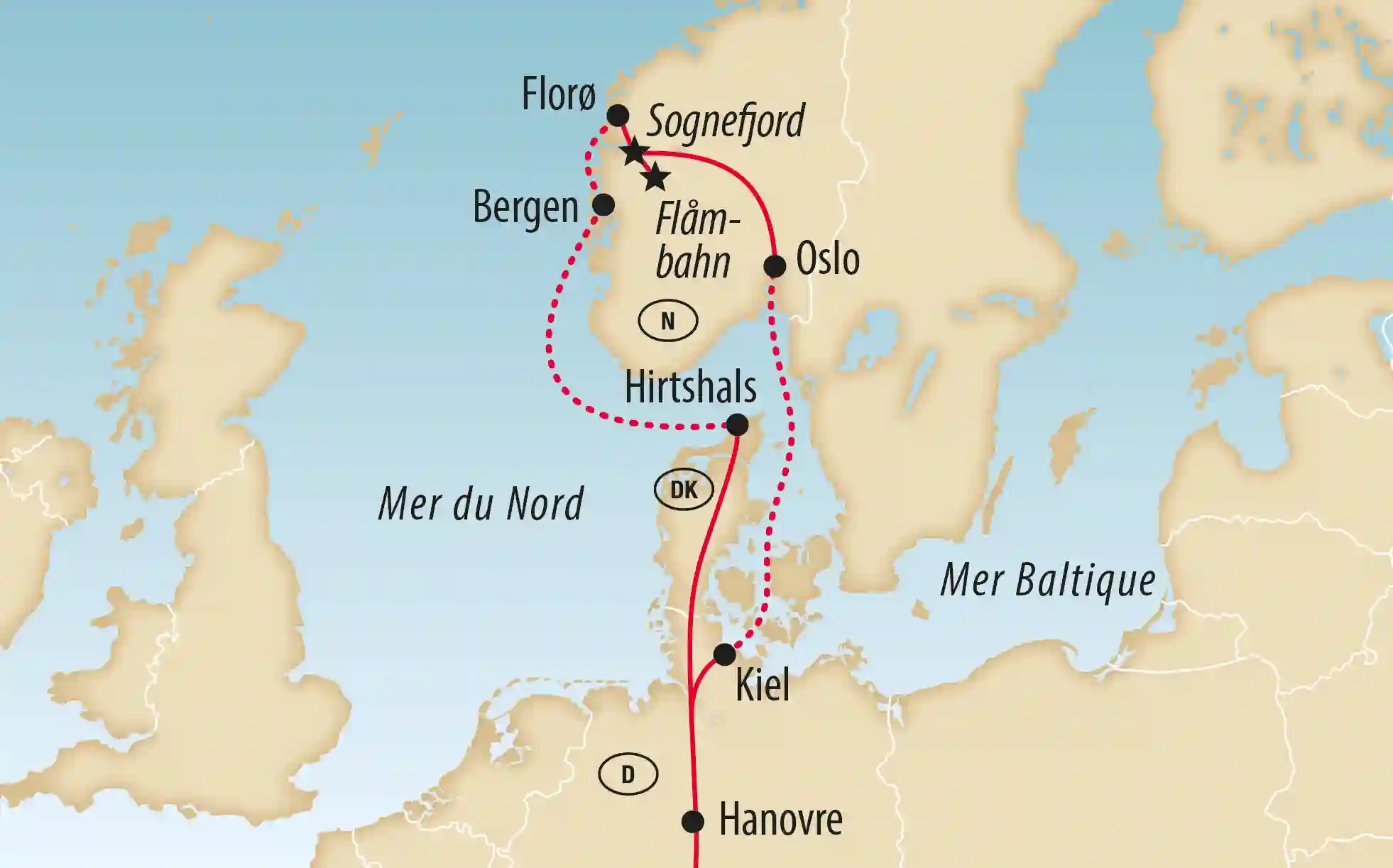 Carte montrant l’itinéraire de Hanovre via Kiel vers Oslo, Bergen, le train de Flåm et le Sognefjord