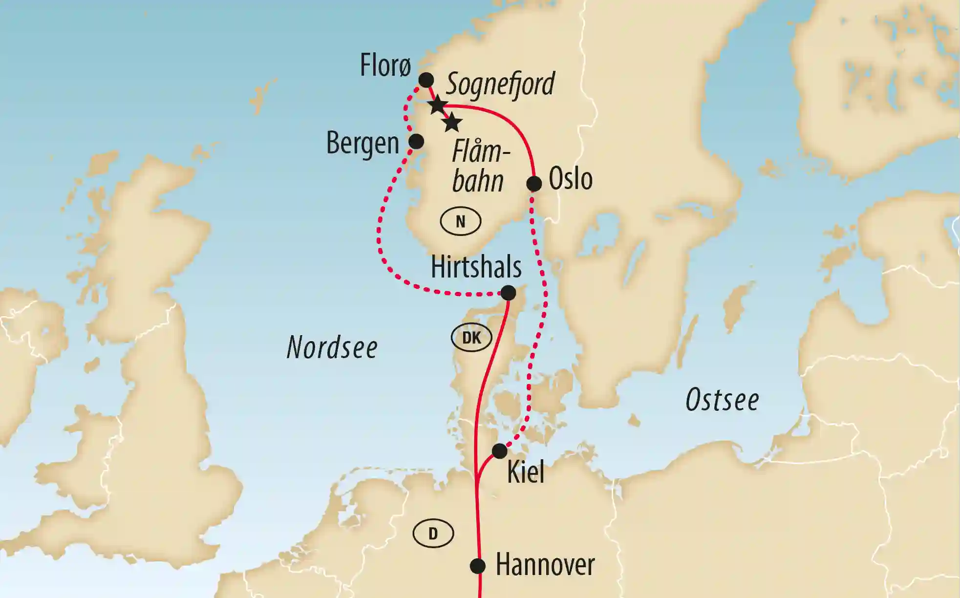 Karte zeigt Reiseroute von Hannover über Kiel nach Oslo, Bergen, Flåmbahn und Sognefjord