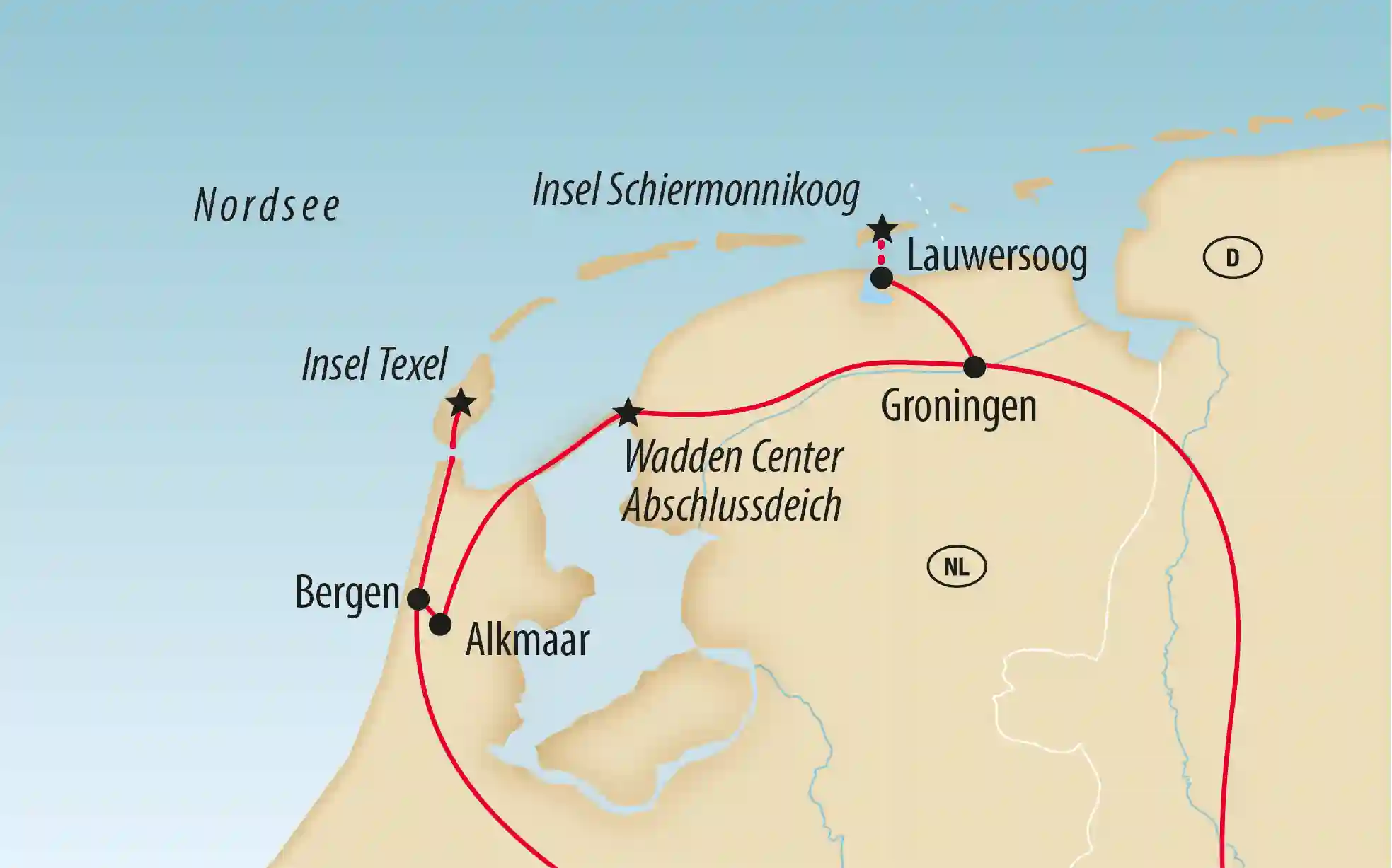 Übersichtskarte mit Reiseroute durch die Niederlande mit Stationen Bergen, Alkmaar, Groningen, Lauwersoog sowie den Inseln Texel und Schiermonnikoog
